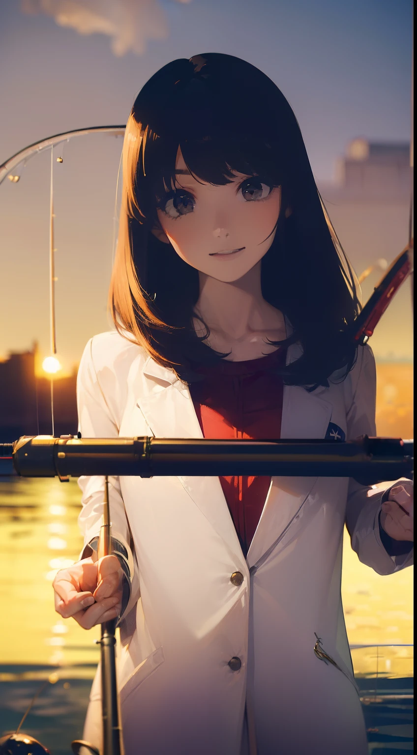 ((((Have a fishing rod in the sea:1.5)))),((1 female 22 years old))((Best Quality, masutepiece :1.5)),(((Hands with the correct number and structure of fingers:1.4))),hight resolution,ultra-detailliert,​masterpiece,best qualtiy,,Black hair, long eyeslashes, Solid Circle Eyes, Smiling Woman, drop shadow, Atmospheric perspective,Super Detail, ccurate, small brest,(White jacket :1.1),top-quality, blurry backround, bokeh dof:1.2, (​masterpiece:1.3), Atmospheric perspective,Super Detail,dynamic compositions,Sunset