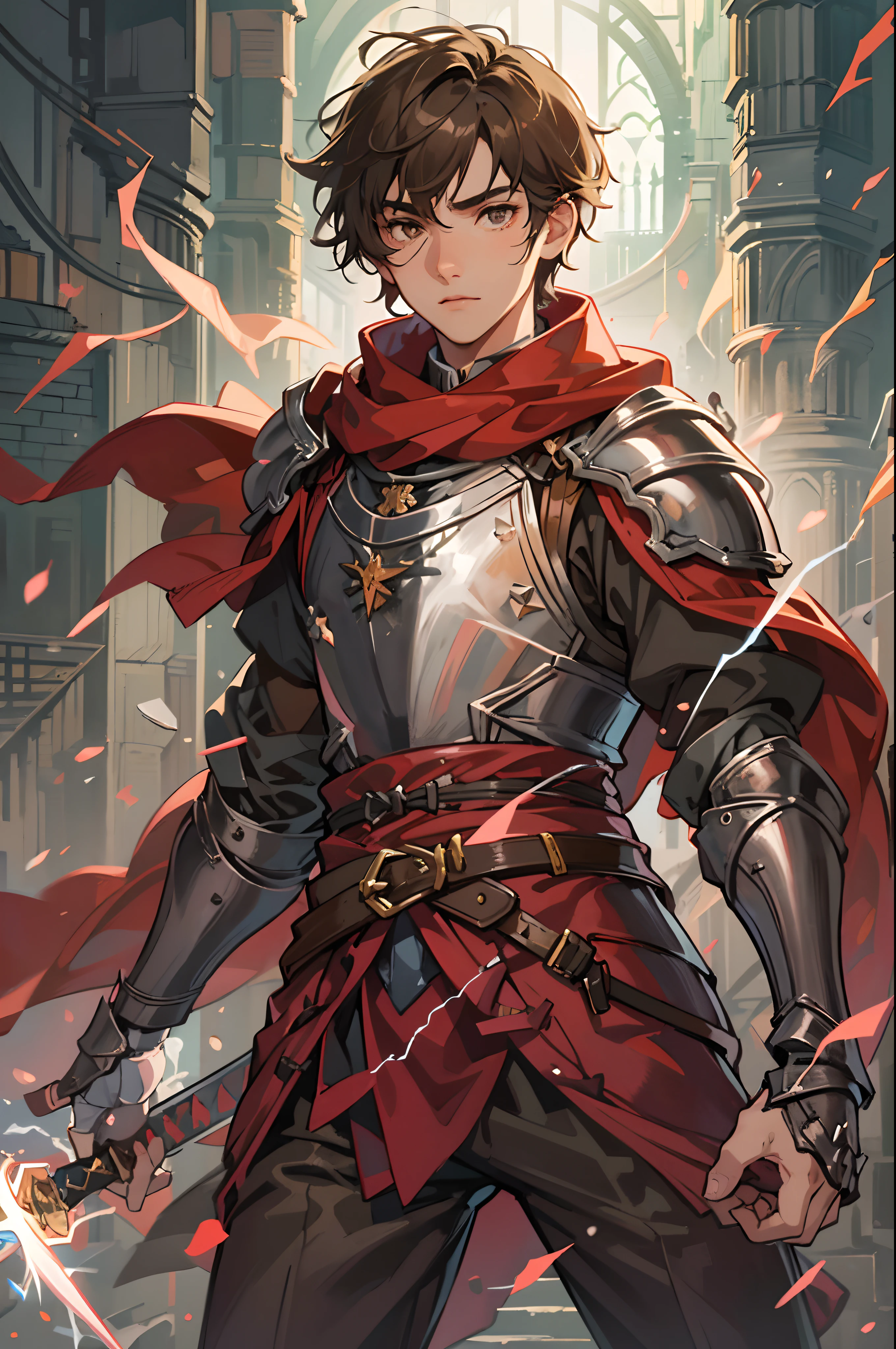 a -yeld te1 boy as a swordsman, sword, brown short hair, brown short hair parted in the middle, without a beard, without a goatee, no facial hair, silver colored medieval knight armor, red clothes, with magical lightning bolts on his body, magical runes