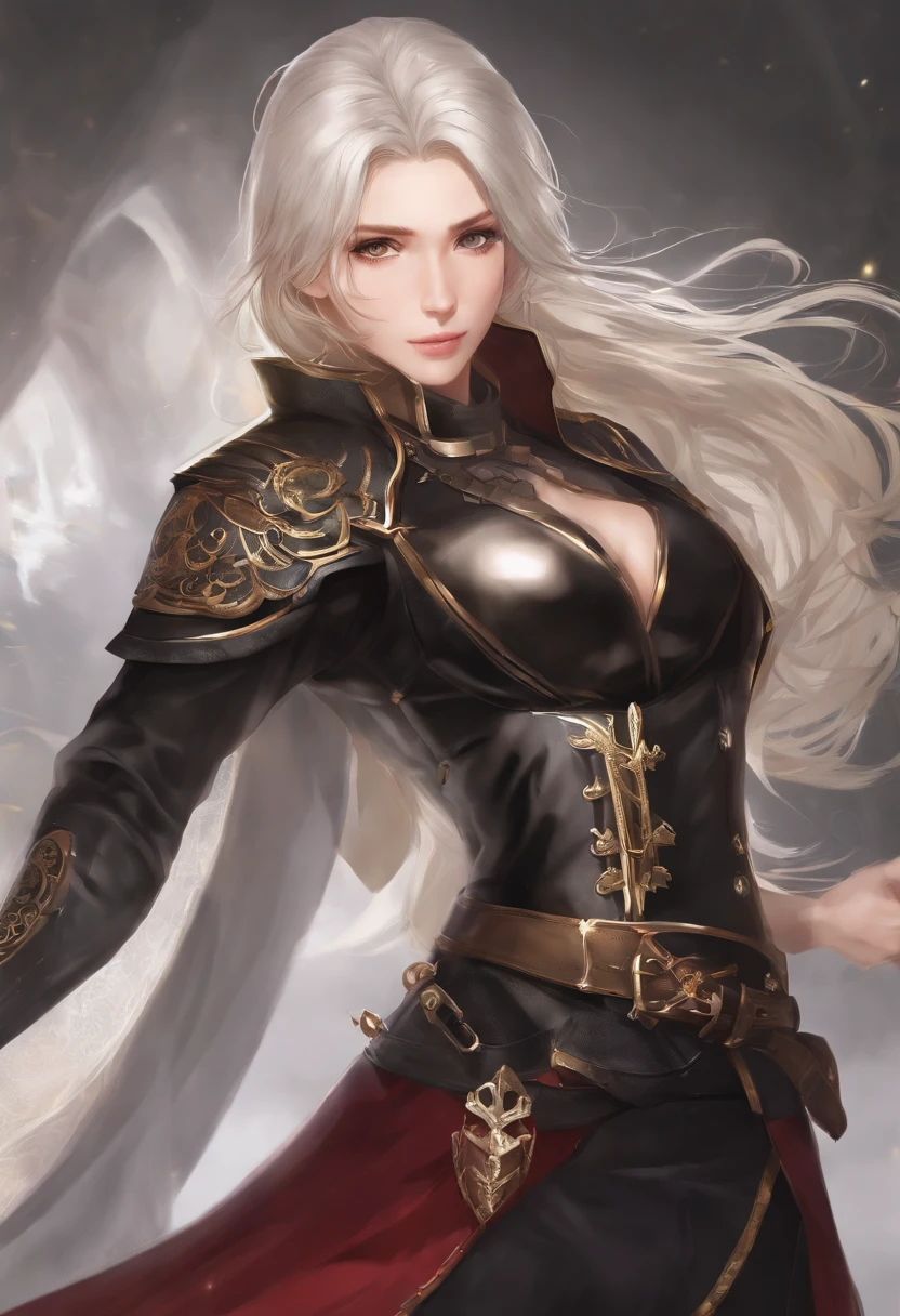 (A high resolution:1.6), Realistic,Libido boy,Smile model,Beautiful skin, Glowing skin,, Beautiful detailed eyes, The eyes are sharp and firm,Black suit coat,Shoulder armor,ear studs,Armed with a one-handed sword,Western Fantasy,cavalier, Breezy hair, white color hair,Black pick dye, bangs,Crimson-gold pupils,Bokeh, Soft lighting, Subtle shadows,Cinematic lighting effects,illustration,palaces,Under the throne,Dragon Emblem, anime big breast, romanticism lain, 8K, Super detail,best qualtiy, anatomy correct,misterious