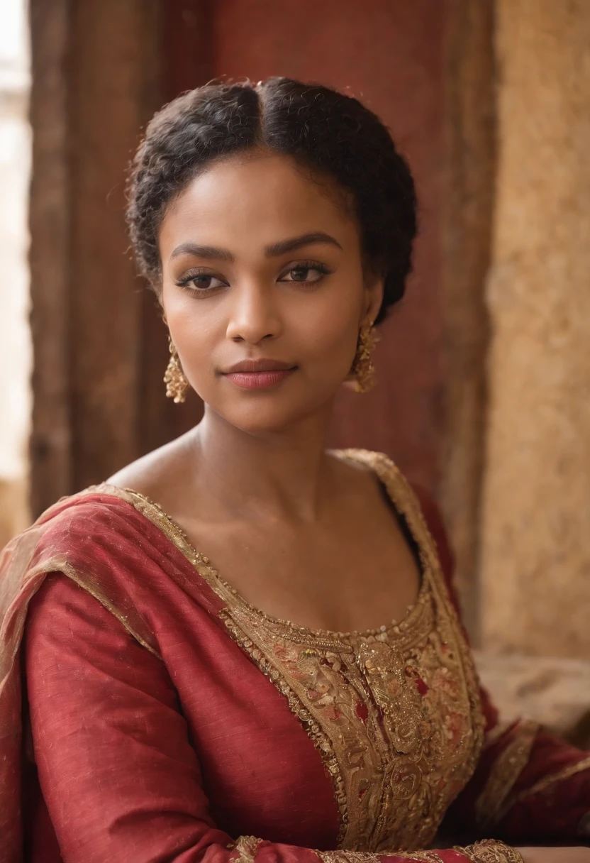 Visualisez la Reine Ranavalona III, Reine de Madagascar, une femme blasian avec des traits distinctifs. Sans couronne. She sits in her room in Algiers, pendant son exil. An open window gives a glimpse of the landscape of Algiers. Aucun texte sur l'image, Please.