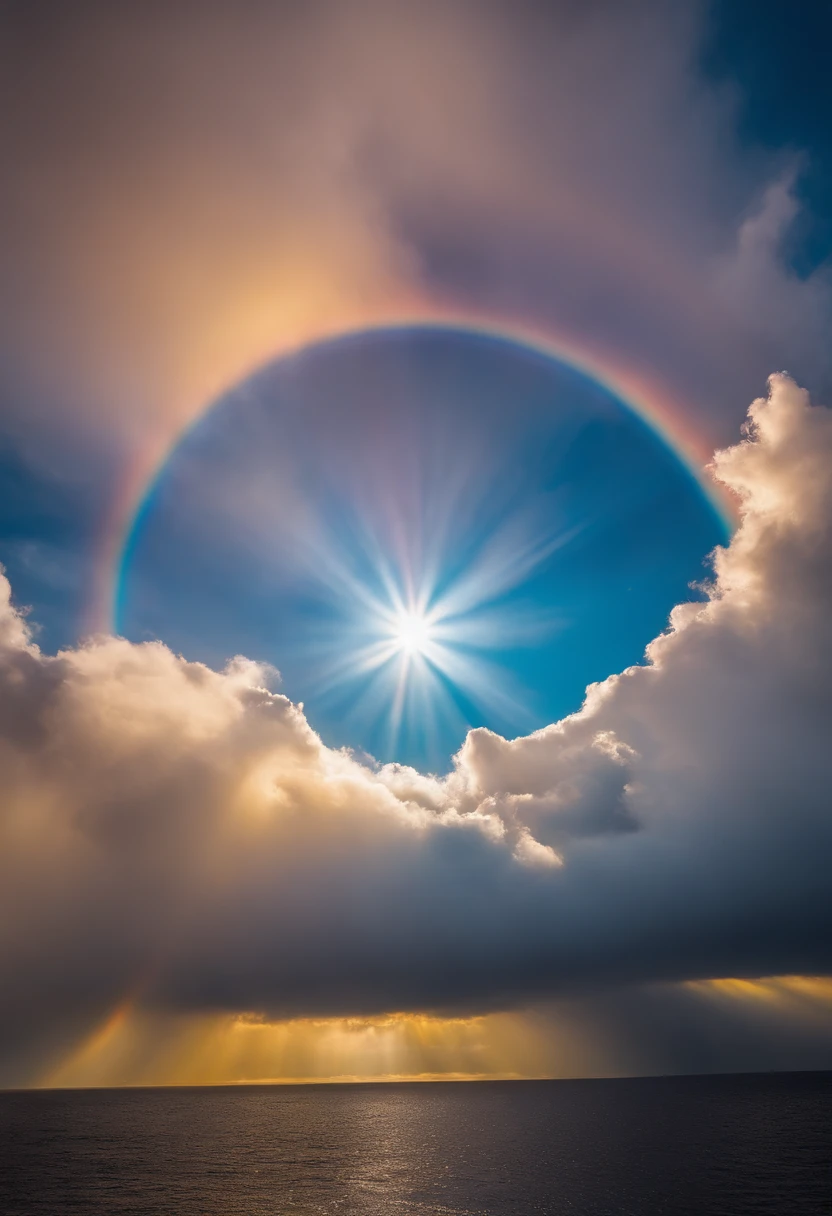 Close up of iridescent circle in the sky, ethereal rainbows, Rainbow clouds, A very colorful heaven, Rainbow clouds, Holy Light Halo, sunny rainbow galaxy stormy sea, Rainbow in the sky, Optical Synchrotron Halo, ethereal rainbow nimbus, Prism Halo, bright rainbow nimbus, a glowing halo, Iridescent sky, Heavenly Light, Beautiful images ever created