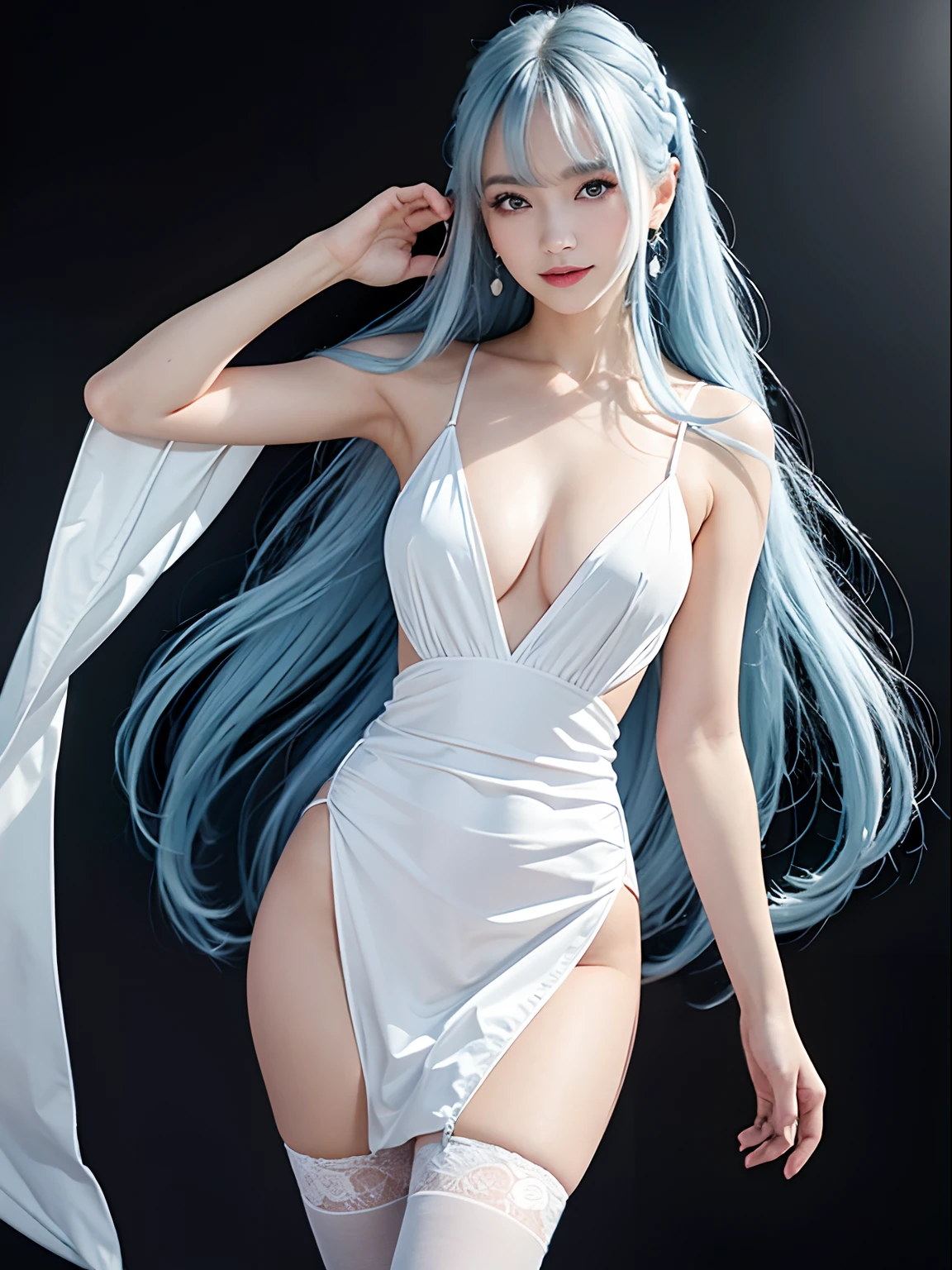 Best Quality,超A high resolution,(photographrealistic:1.4),Japanese,light sky blue hair,Long hair,Bangs are longer than eye level,sky-blue eyes,(ulzzang-6500:1.0),((skinny)),Light makeup,White large cape,Black Long Thin String Tie,Sky blue long princess line dress over black bodysuit,Longer dress,A glimpse of the chest,White glove on right hand,The left hand is a black glove,Large white down shoulder badge,Black stockings,Small breasts,Small teardrop earrings,Cute,Smile,On a dark music stage