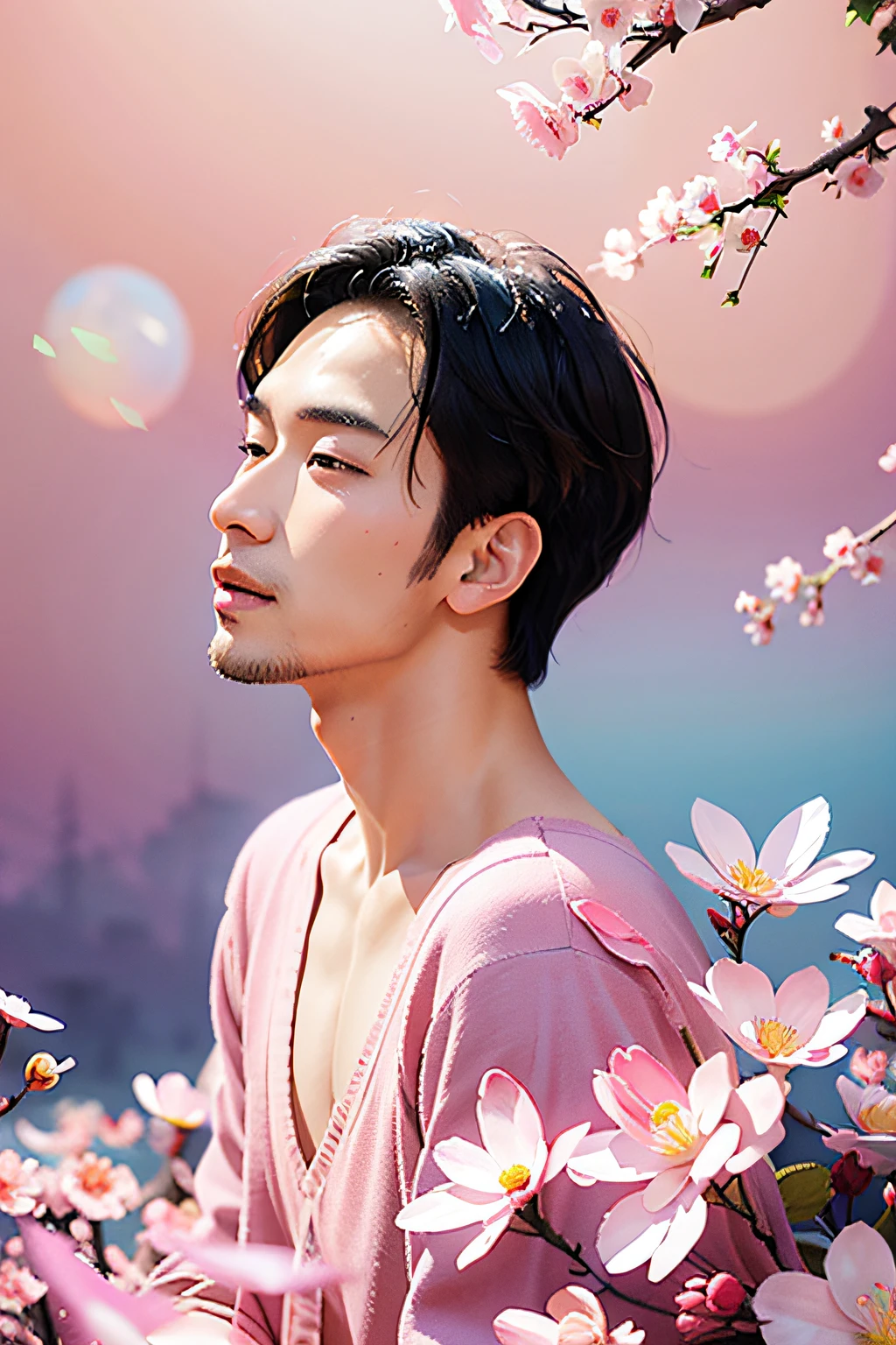 1 Asian faces,attractive beefy man, mid-shot of a hunky, musculous, Homem de meia idade,blossoms,Lixian flower,in the style of light pink and light azure,Dreamy romantic composition,pastel pink,ethereal foliage,playful arrangements,fanciful,hight contrast,Ink strokes,blasts,over exposure,Impression of purple and red tones,abstracted,((Watercolor by John Berkey and Jeremy Man))Brush strokes,Negative space,