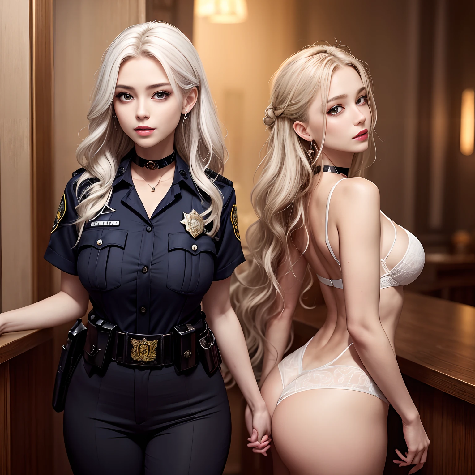 (8K,tmasterpiece:1.2),(Hyper-detailing),(ssmile:1.1),((wavy white long hair):1.3,beatiful detailed eyes,largeeyes,Light makeup,choker necklace,ear jewelry,Pink and moist lips),Two slender women,red color eyes,In the police station,Absurd long white hair,(Police uniform),(Black combat uniform),Female police,Cocked buttocks,((Stretch meat,Fair and moisturized skin)),Be dignified and religious,),(The atmosphere is ambiguous,misty background,a fairy world:1.2),(long white hair)