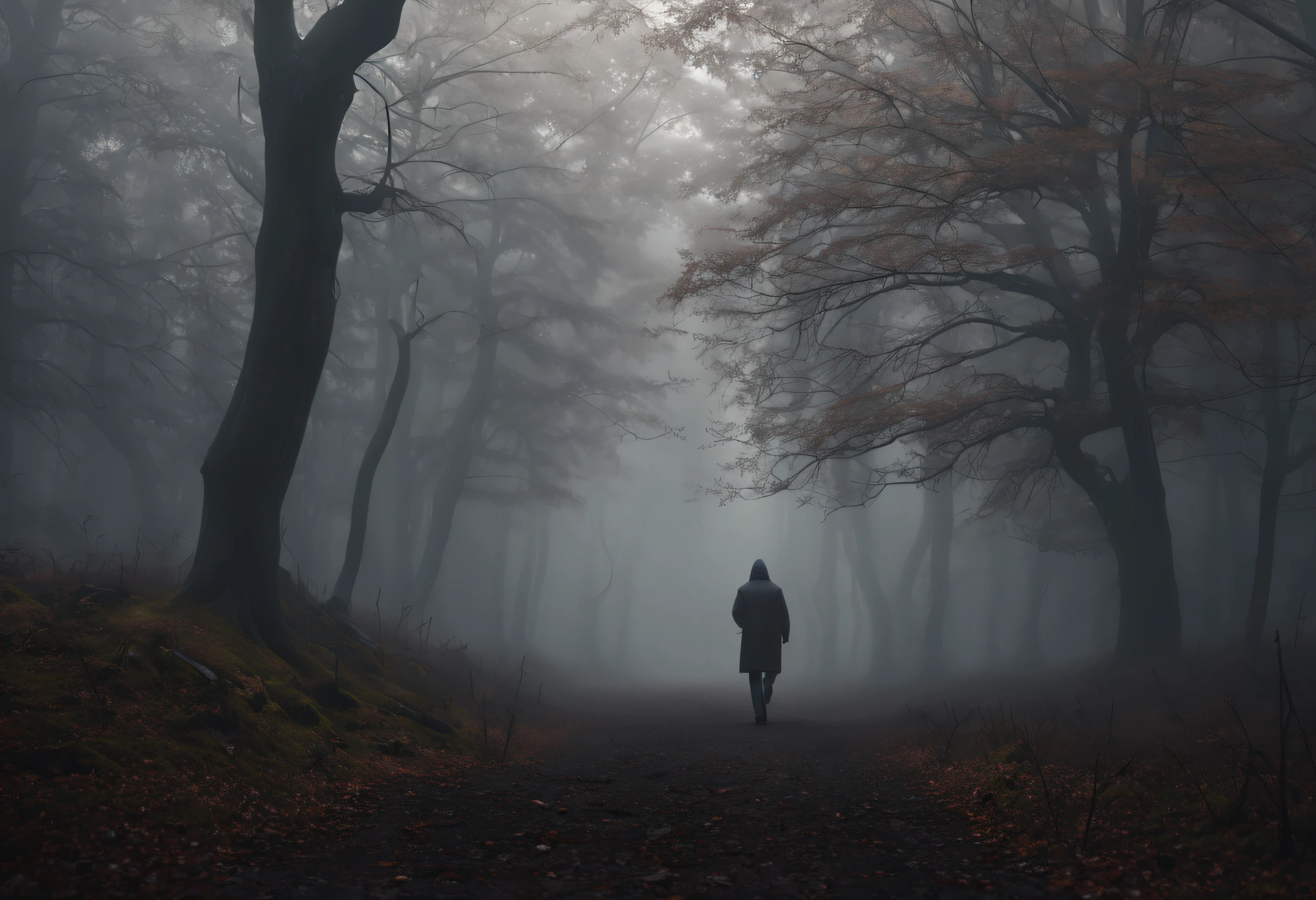 (best quality, 4k, 8k, high resolution, masterpiece: 1.2), ultra detailed, (realistic, photorealistic, photorealistic: 1.37),a person walking through a misty forest. The image is realistic and the person is walking away from the camera in the center of the image. The person is wearing a dark coat and walking along a path. The trees are tall and have no leaves. The fog is thick and the trees are barely visible. The atmosphere of the image is disturbing and mysterious.