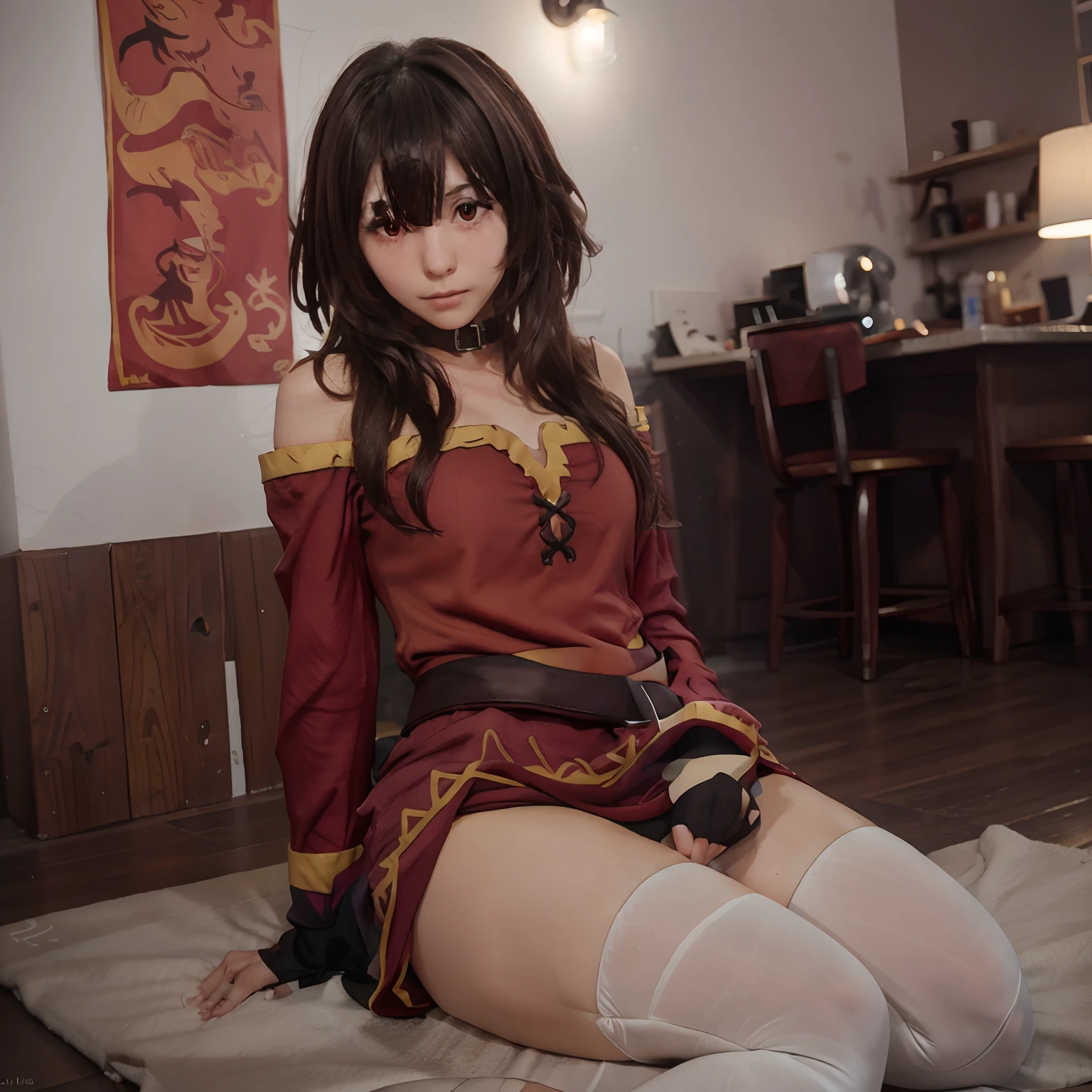 Megumin, brown hair, city, night, sitting on a floor, fixed hands,5 fingers,