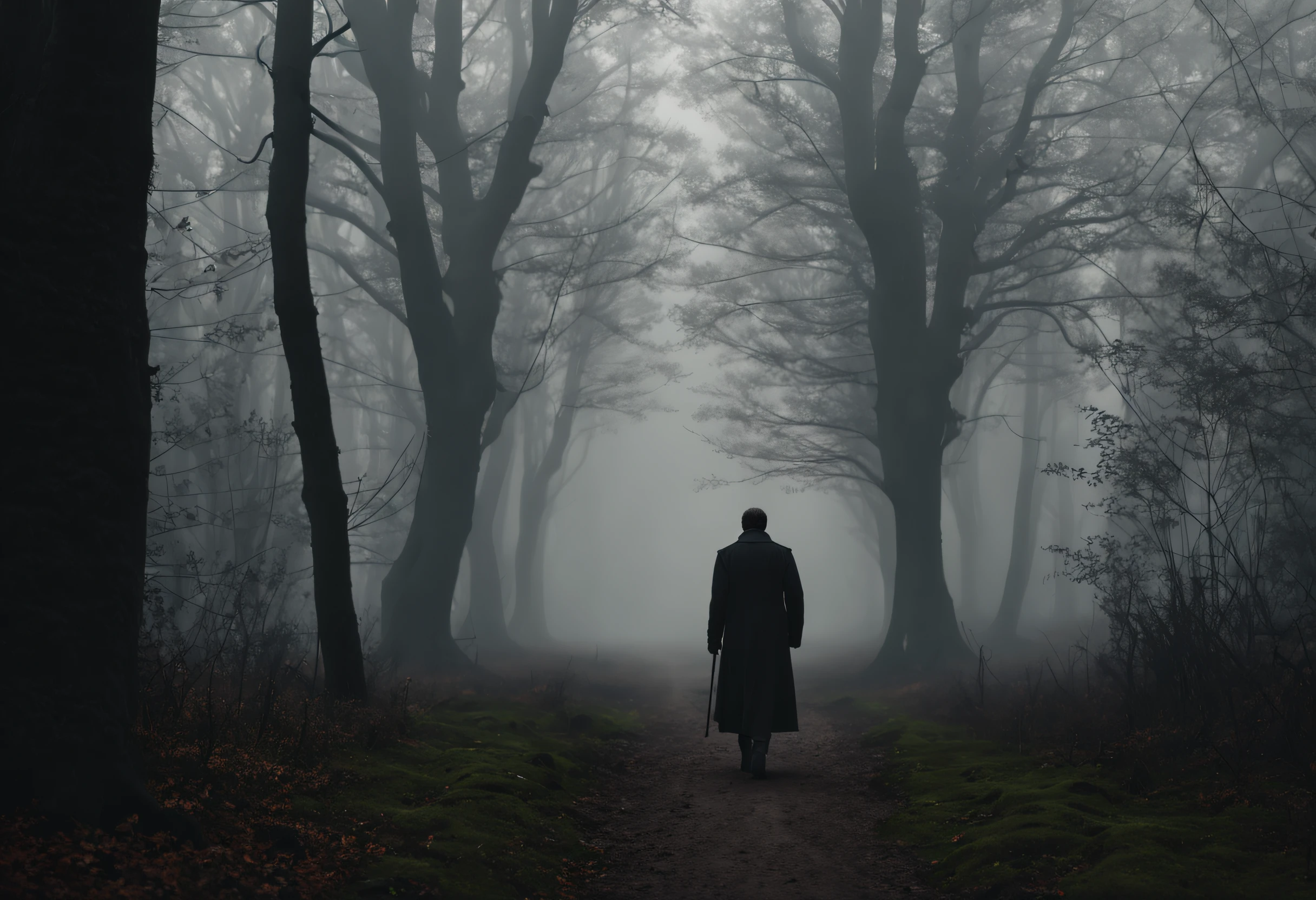 (best quality, 4k, 8k, high resolution, masterpiece: 1.2), ultra detailed, (realistic, photorealistic, photorealistic: 1.37),a person walking through a misty forest. The image is realistic and the person is walking away from the camera in the center of the image. The person is wearing a dark coat and walking along a path. The trees are tall and have no leaves. The fog is thick and the trees are barely visible. The atmosphere of the image is disturbing and mysterious.