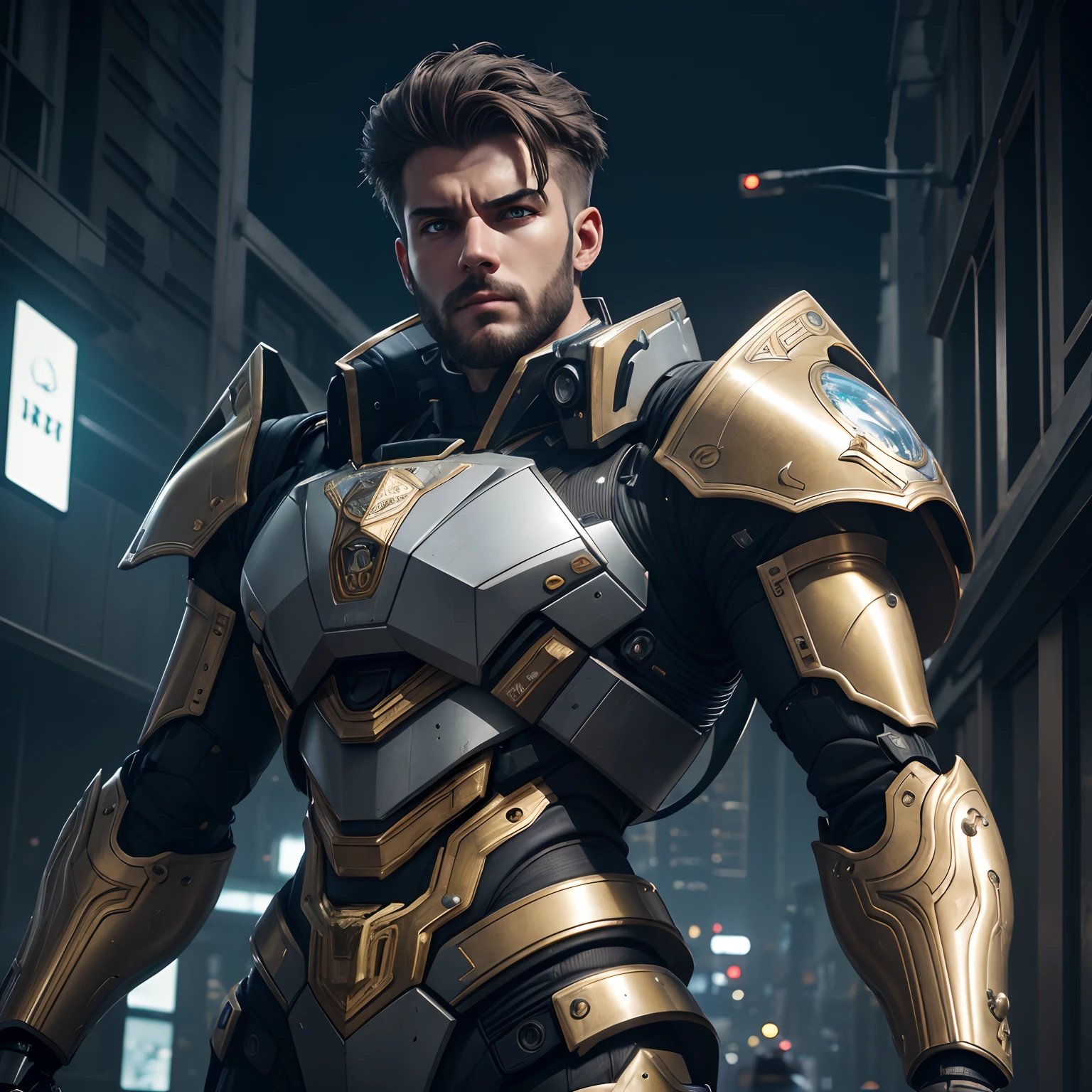 A hyperrealism realistic 3/4 photography shot of a mechanical sargeant with a weapon, in the style of baroque sci-fi, filip hodas, hyper-detailed renderings, mecha anime, elaborate costumes, gray and gold theme colour. fine hyper-detailed face and body, fine details beautiful drawn glowing blueeyes. professional photo, ISO/100, high resolution, high detail, 40mm lens, aesthetically pleasing, correct angle. dark gloomy city background
