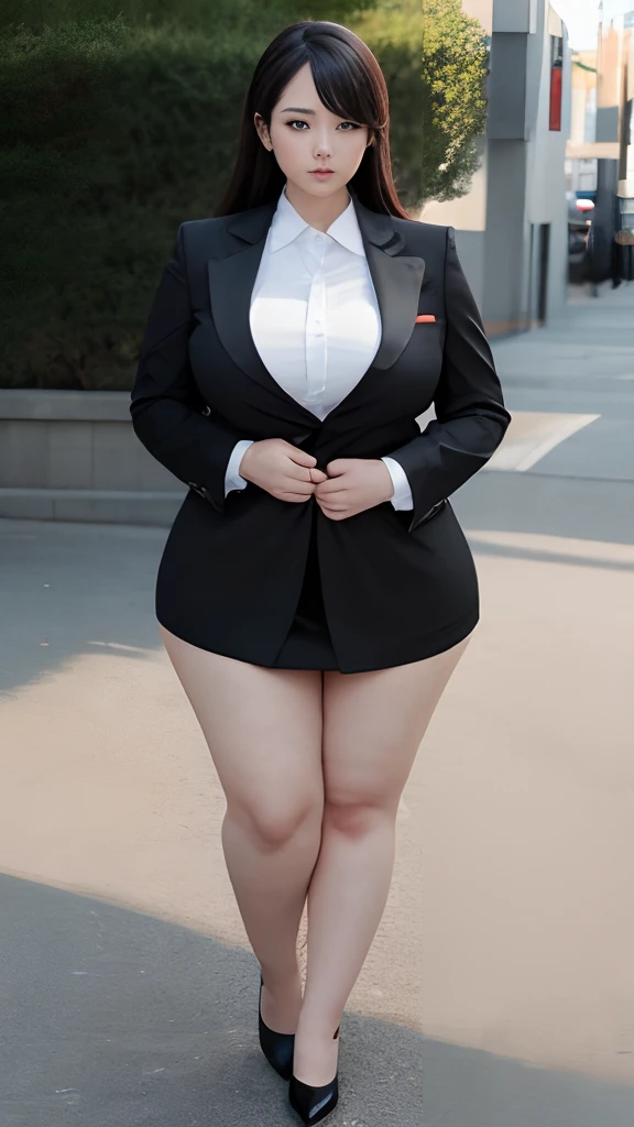 realisitic、Curvaceous woman standing alone, Woman in black business suit, with a business suit on, businesswoman, Woman in business suit, Wearing a white collar shirt under a suit、business skirt、tight skirts、Girl in a suit, female in office dress, , Girl in suit, young business woman, in a business suit, business outfit, Wear a suit、Office Suits、Not wearing glasses、professional photograpy、Does not expose the skin, Japanese Models,、,The skin is not exposed、fleshy body, large boob、 hard 、、big butts、Big belly、thick waist、Body without tone、thick thight、thick arms、Round face、Fat face、chubby cheeks、Sauce order、big eye、A dark-haired、short-haired、Standing facing the front、Left hand pose on the hip、Right hand is down in a pose、Straight back posture、Sun background、