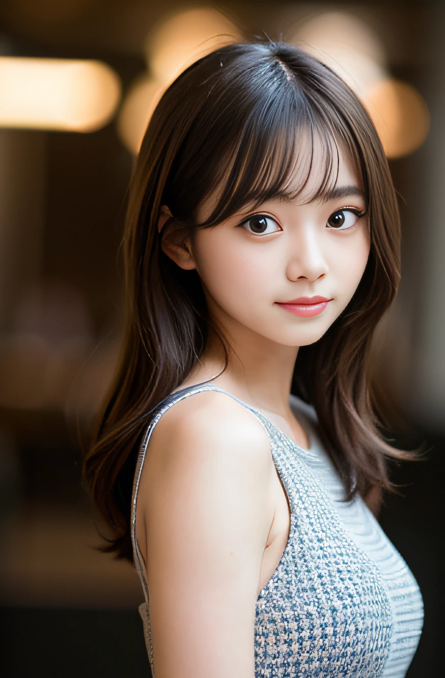 masterpiece, best quality, 8k, , raw photo, award winning portrait, smile, smile, solo, idol face, beautiful, extremely pretty, cute, japanese women,female idol, round big eyes, small nostrils, light makeup, big round eyes, narrow waist, delicate girl, upper body, DSLR, looking at viewer, candid, sophisticated, youthful, thin arms, professional lighting, (detailed eyes and face:1.0), (bokeh:1.1)