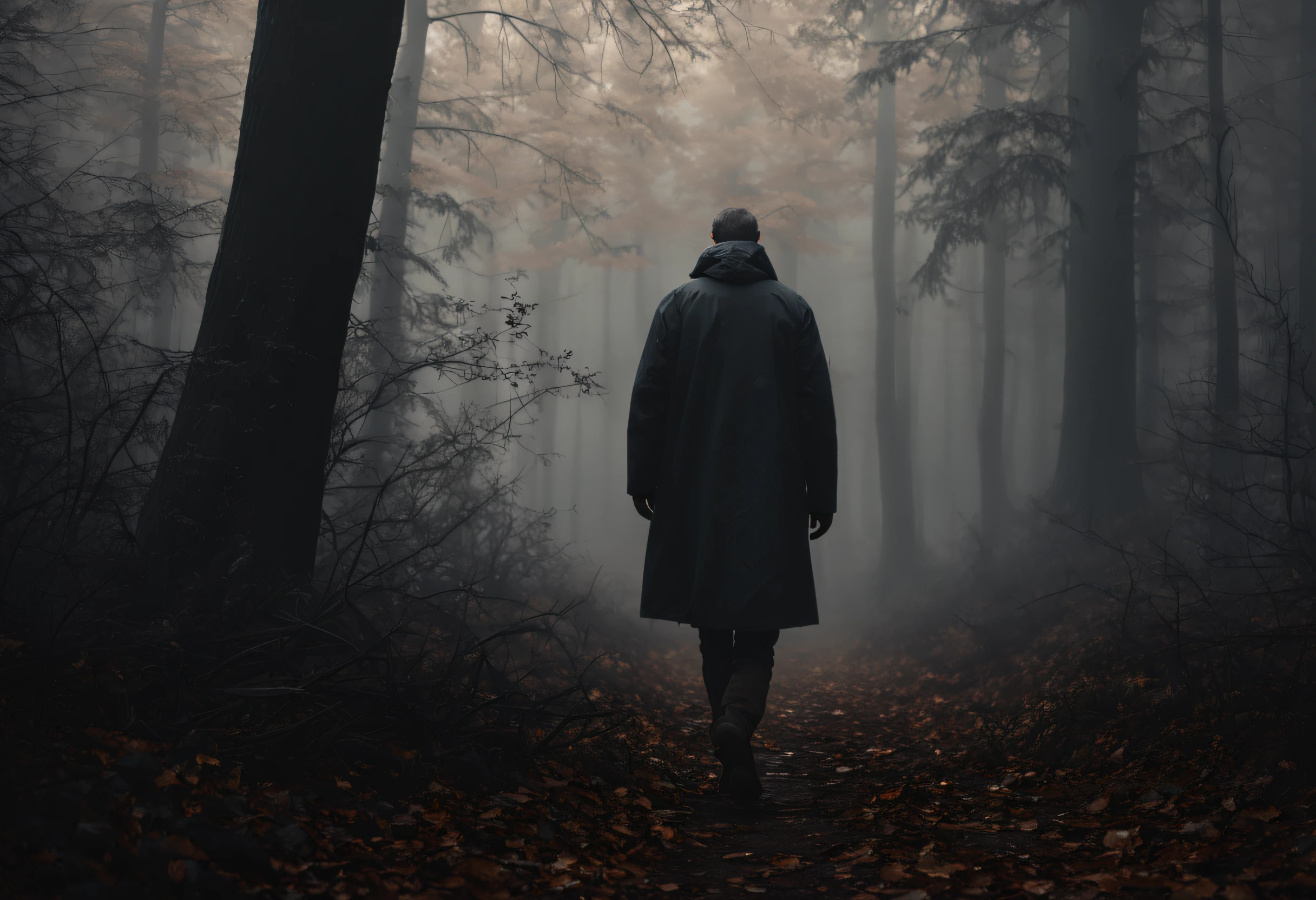 (best quality, 4k, 8k, high resolution, masterpiece: 1.2), ultra detailed, (realistic, photorealistic, photorealistic: 1.37),a person walking through a misty forest. The image is realistic and the person is walking away from the camera in the center of the image. The person is wearing a dark coat and walking along a path. The trees are tall and have no leaves. The fog is thick and the trees are barely visible. The atmosphere of the image is disturbing and mysterious.