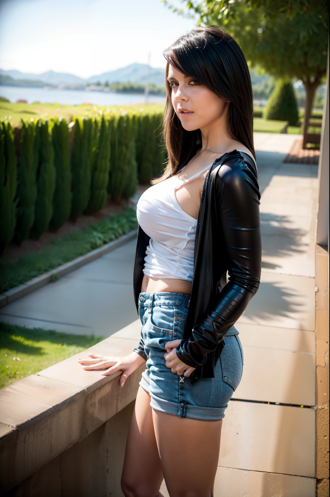 1 chica, modelo de fotografia, sonrisa, centrarse en el espectador, beautiful lighting, mejor calidad, obra maestra, ultra high resolution, Fotorrealista, pelo negro, Blusa corta negra, pantalones cortos, media larga, enormes pechos perfectos, pale skin,( fondo del atardecer:1.4)