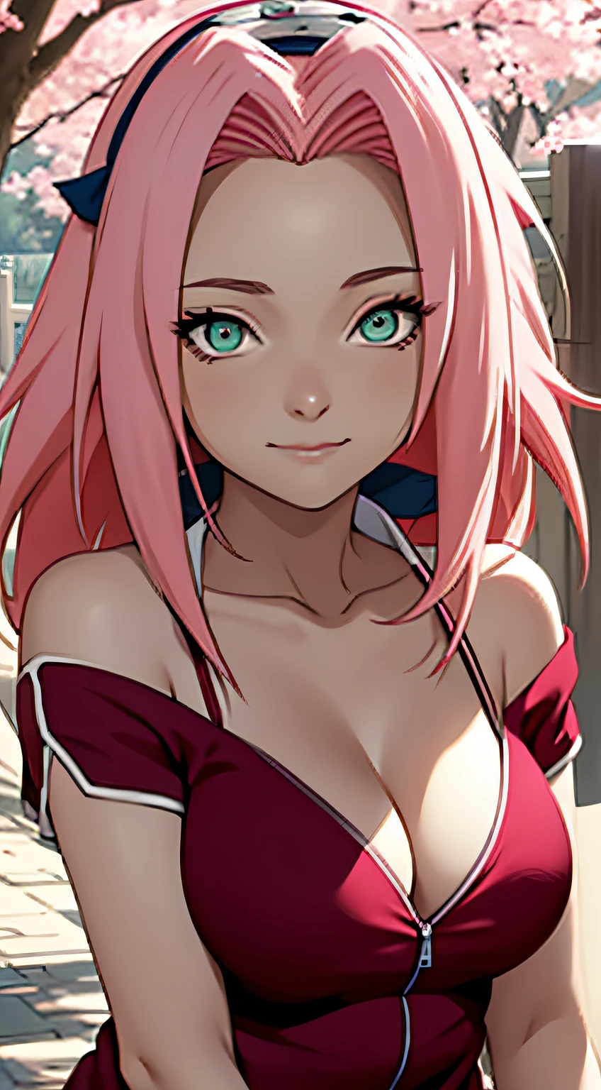 tmasterpiece， best qualtiy， 1girll， Sakura Haruno， Large breasts，Off-the-shoulder clothing，（cleavage)，（upper body closeup)，Raised sexy，is shy，ssmile，With pink hair， Long whit hair， （Green eyeballs:1.4)， Forehead Protection， The cherry tree，Cherry blossoms fly，Red clothes，Zipper Half