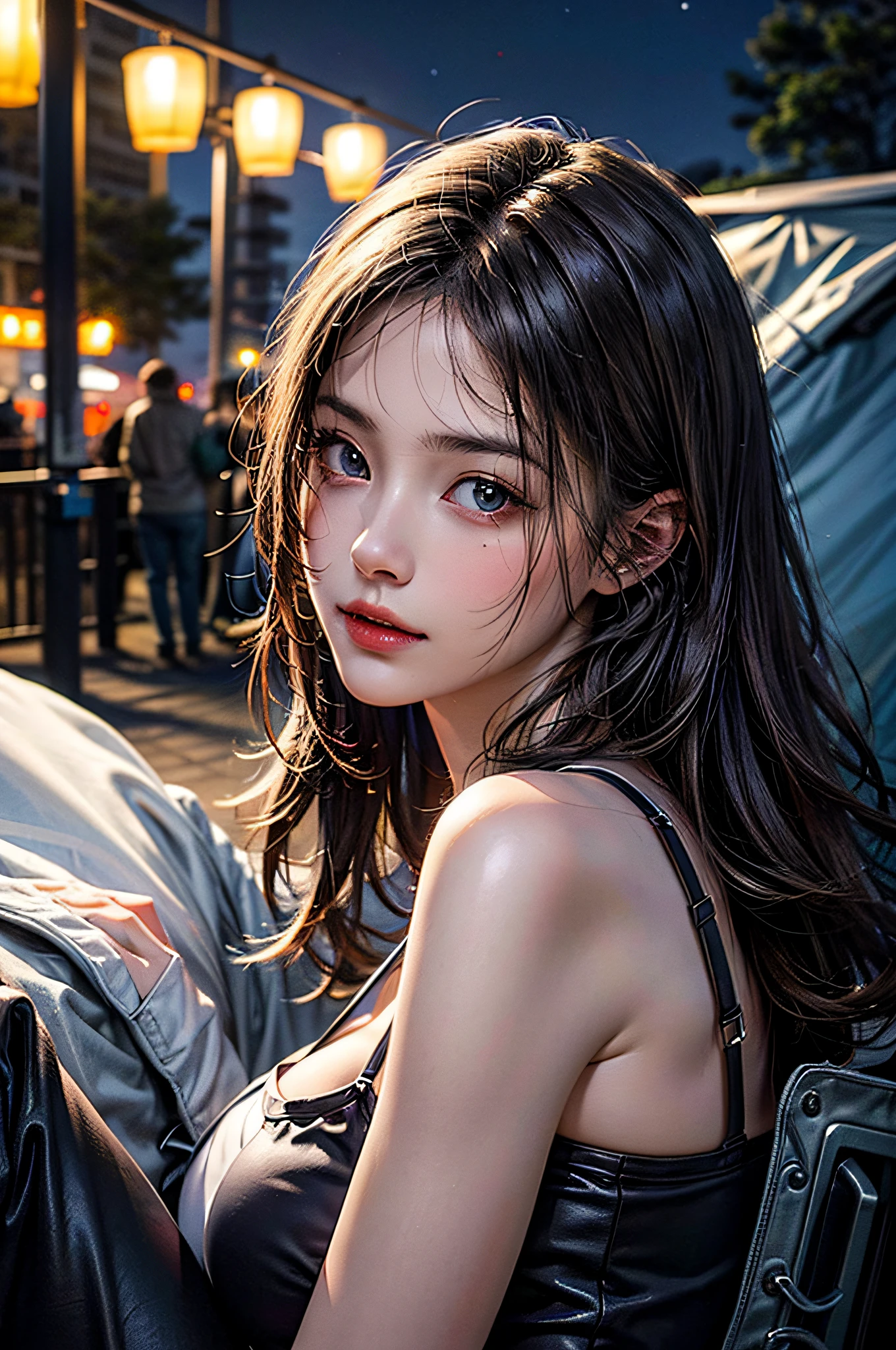 1girl, solo, extremely cute, Amazing face and eyes, (beautiful nice smile), blonde hair, (extremely detailed beautiful face), bright glossy lips, (big breasts:1.5), (Best Quality:1.4), (Ultra-detailed), (Ultra realistic, photo-realistic:1.37), beautiful fair skin, extremely detailed CG unified 8k wallpaper, raw photos, professional photograpy, cinematic lighting, (Night scenery, quiet night forest), (summer camp, tent), (Silence, night sky:1.3),