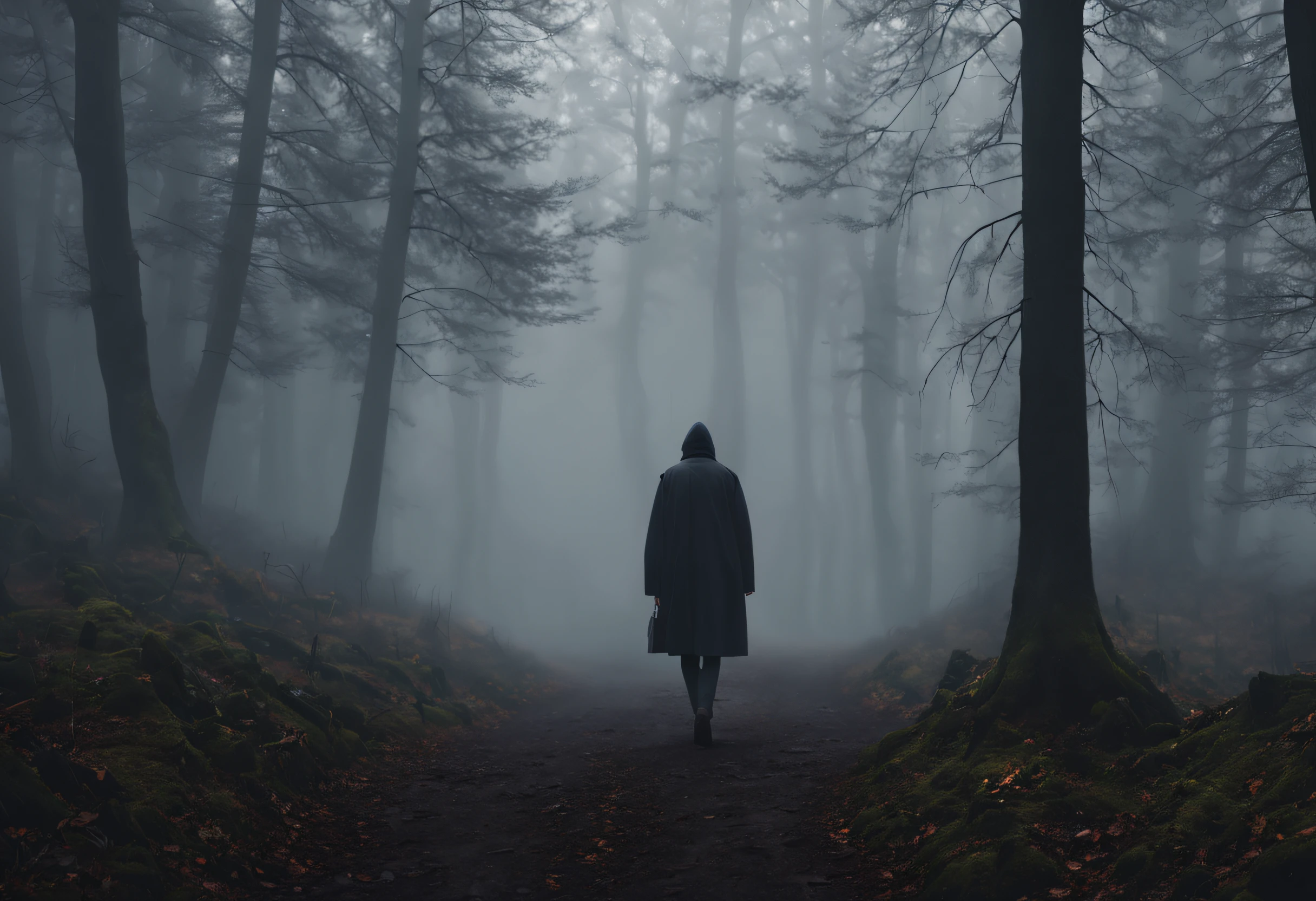 (best quality, 4k, 8k, high resolution, masterpiece: 1.2), ultra detailed, (realistic, photorealistic, photorealistic: 1.37),a person walking through a misty forest. The image is realistic and the person is walking away from the camera in the center of the image. The person is wearing a dark coat and walking along a path. The trees are tall and have no leaves. The fog is thick and the trees are barely visible. The atmosphere of the image is disturbing and mysterious.