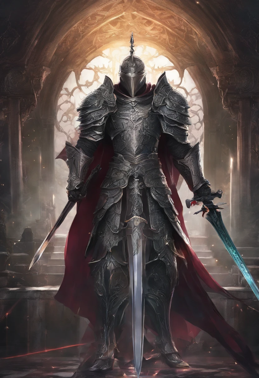 (8k unit wallpaper CG is extremely detailed, Masterpiece, Best quality, Ultra-detailed), (((Solo))), ((Wide shot:1.5)), (Paladin armed with legendary sword), (Theme), medieval, Magnificent scene, Dark and sinister environment, (dark souls iii, Illustrator, (Best Illustration)