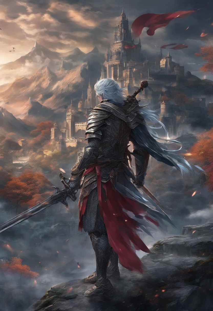 (8k unit wallpaper CG is extremely detailed, Masterpiece, Best quality, Ultra-detailed), (((Solo))), ((Wide shot:1.5)), (Paladin armed with legendary sword), (Theme), medieval, Magnificent scene, Dark and sinister environment, (dark souls iii, Illustrator, (Best Illustration)