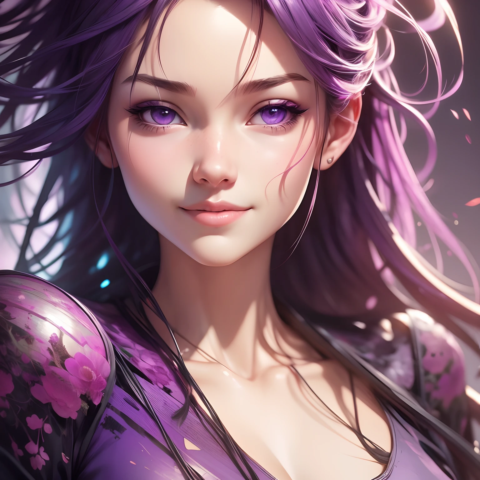 happy girl, centered, looking at the camera, approaching perfection, dynamic, (shades of purple and (red)), highly detailed, digital painting, art station, concept art, smooth, sharp focus, illustration, art by Carne Griffiths and Wadim Kashin, detailed face, 4k