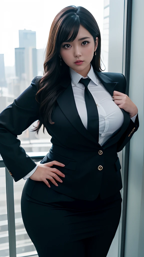 realisitic、Curvaceous woman standing alone, Woman in black business suit, with a business suit on, businesswoman, Woman in business suit, Wearing a white collar shirt under a suit、business skirt、tight skirts、Girl in a suit, female in office dress, , Girl in suit, young business woman, in a business suit, business outfit, Wear a suit、Office Suits、Not wearing glasses、professional photograpy、Does not expose the skin, Japanese Models,、,The skin is not exposed、fleshy body, large 、 hard 、、big buttg belly、thick waist、Body without tone、thick thight、thick arms、Round face、Fat face、chubby cheeks、Sauce order、big eye、A dark-haired、short-haired、Standing facing the front、Left hand pose on the hip、Right hand is down in a pose、Straight back posture、Sun background、