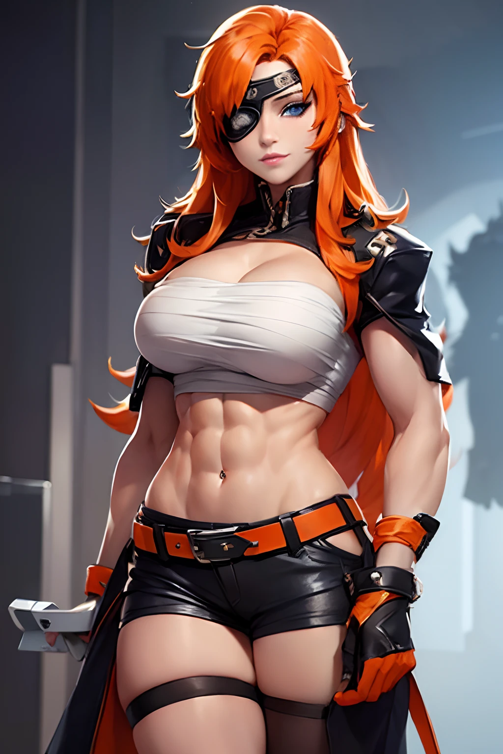 ((Asher)), (masterpiece:1.2, best quality), realistic, (real picture, intricate details, depth of field), ((1girl:1.2)), highly-detailed, gorgeous perfect face, (skindentation), tall, ((long orange hairs)), eyepatch on left eye, beautiful blue eyes, black shorts, high heels, (bandaged_breasts), abs, muscular woman, simple background, midriff, jacket around waist, black leather sleeves, biceps