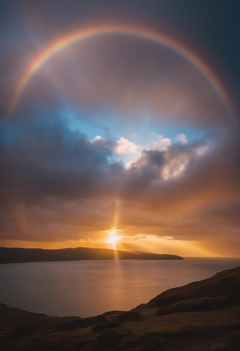 Close up of iridescent circle in the sky, ethereal rainbows, Rainbow clouds, A very colorful heaven, Rainbow clouds, Holy Light Halo, sunny rainbow galaxy stormy sea, Rainbow in the sky, Optical Synchrotron Halo, ethereal rainbow nimbus, Prism Halo, bright rainbow nimbus, a glowing halo, Iridescent sky, Heavenly Light, Beautiful images ever created
