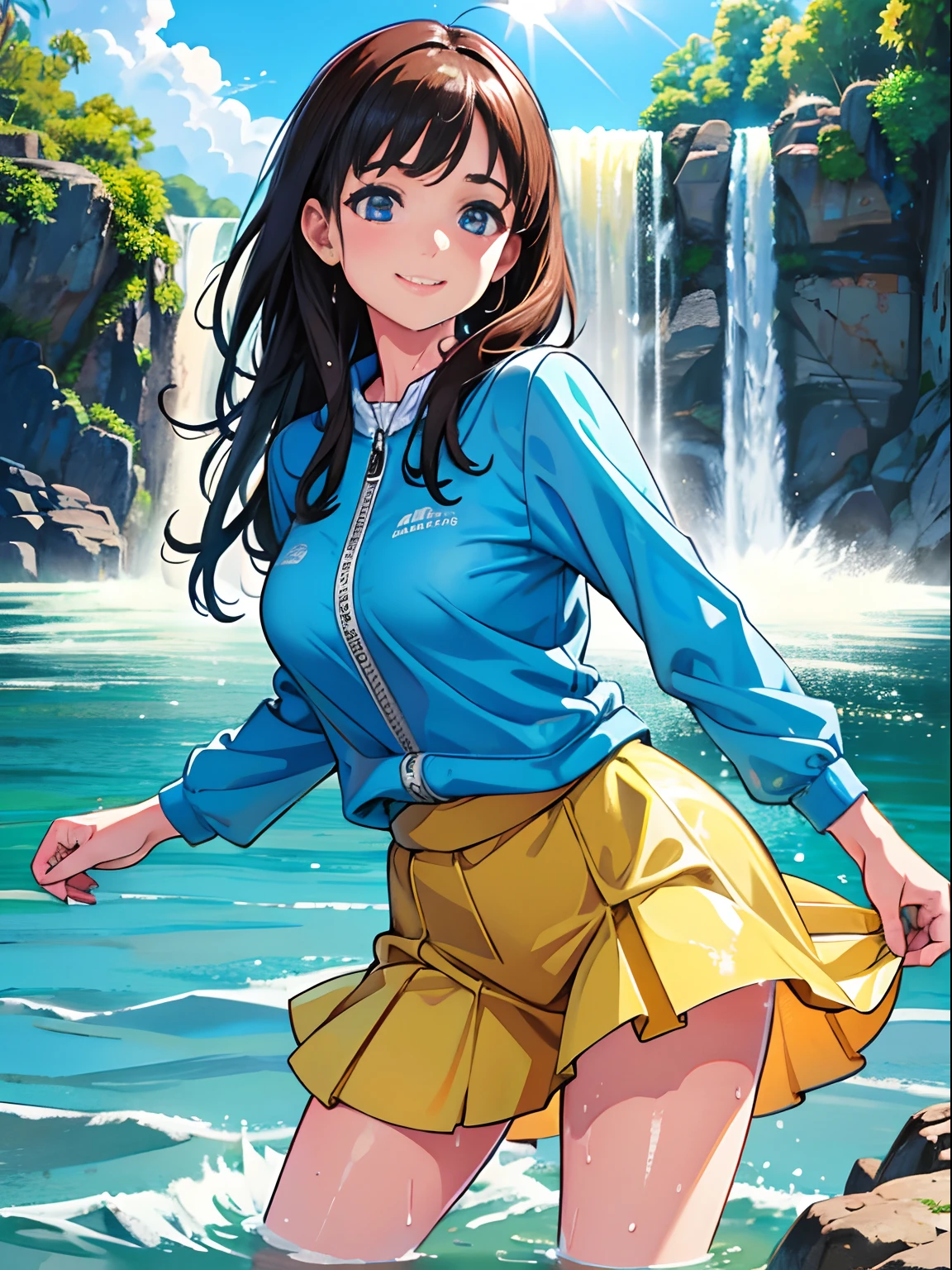 Young female tourist at waterfall, bright sunshine, warmly dressed, bright clothing, highres,4k,HDR,1girl, photorealistic, realistic,sweat skin, wet clothes, wet body, soaked, dripping, smiling at viewer, closeup