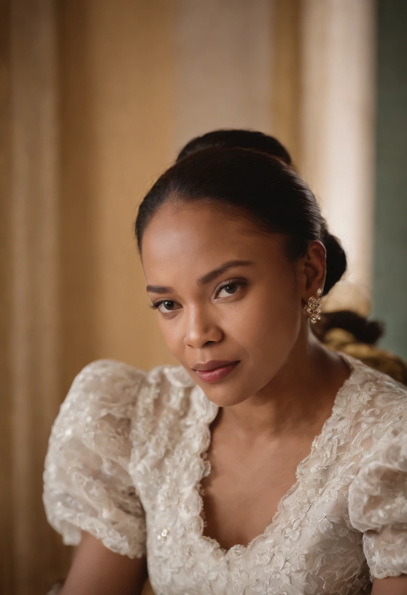 Visualisez la Reine Ranavalona III, Reine de Madagascar, une femme blasian avec des traits distinctifs. Sans couronne. She is sitting in her room with her niece whom she looks at tenderlyNo text on the picture, Please.