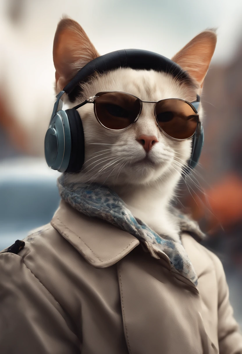 Perfect centralization, Um gatinho bonito por toda parte, Use uma jaqueta de estudante, wearing sunglasses, Usando fones de ouvido, Standing position, beleza abstrata, Centrado, looking at the camera, Facing the camera, nearing perfection, Dynamic, luar, altamente detalhado, pintura digital, art stations, Conceito-Arte, liso, foco nítido, 8k, high-definition resolution, illustration, arte de Carne Griffiths e Wadim Kashin, fundo branco