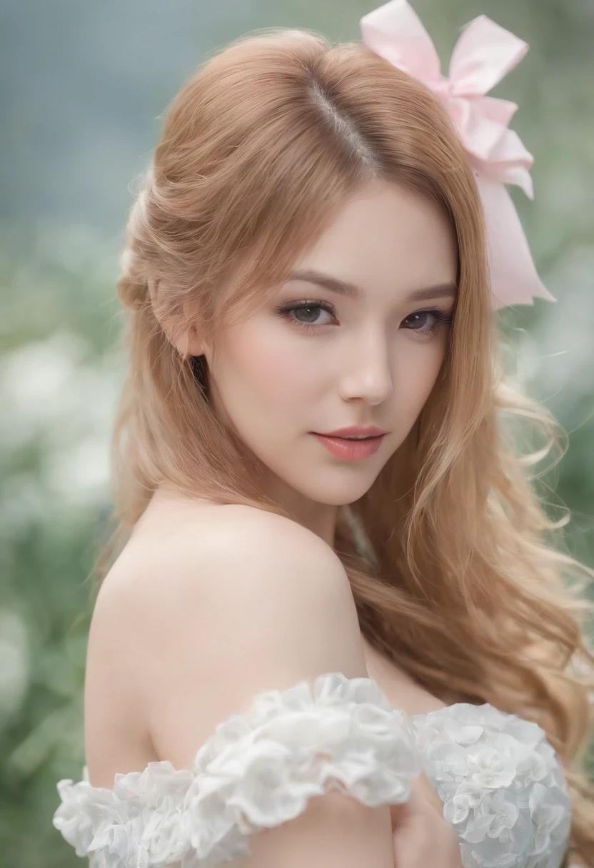 Portfolio piece, Best quality, Girl, Long hair alternatives, Absurdly long hair, Blonde hair, bow hair, aqua eyes, Seductive smile, Tongue stock, Black eyes, long eyelasher, Big breasts, Mole on the chest, White shirt, Short black skirt, shoes, pendant, Hair ribbon, flower ribbon, Hair_ribbon, Hair_ribbon, Hair_flower