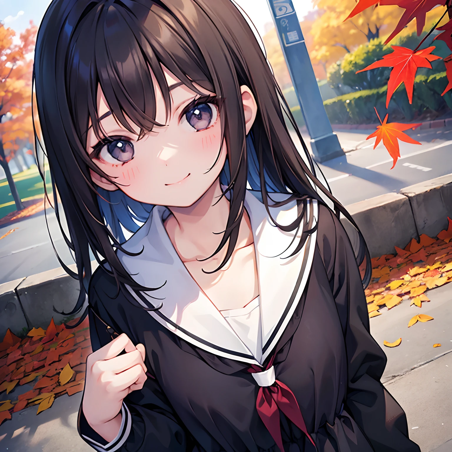 girl with、1 persons、18year old、Dark hair、Black eyes、length hair、A smile、huge smile、Smaller chest、Schools、校服、a park、Colored leaves、autumnal