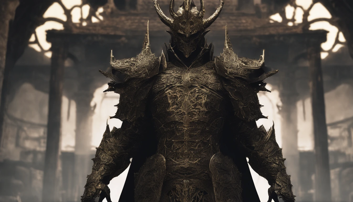 warrior, concept-art, author：Kishiganku, Fantasy art, Zen temple background, clean render, a horned, Wear a suit of armor, Detailed bushido form smoke, helmet of a forgotten deity, character is standing, 8k Realistic, in game render, detailed face background detail, Art station front page, taur, Pseudo-medieval fantasy, A deity wearing koi armor, detailed bronze armor, Bronze armor, golden etched armor, gold obsidian armor, Light gold armor, Gorgeous filigree armor, A demonic warrior, Gorgeous armor full of thorns, Intricate assasin armor, Intricate metal armor, powerful warrior, Dressed in gorgeous gold armor，Decorated with intricate patterns, The helmet has a large crown and two horns, Everything is in the dark, The smoky background hints at the battle scene, Add an ominous aura to his character，The Demon's Giant Demon Wings，submission, Full body shot.
