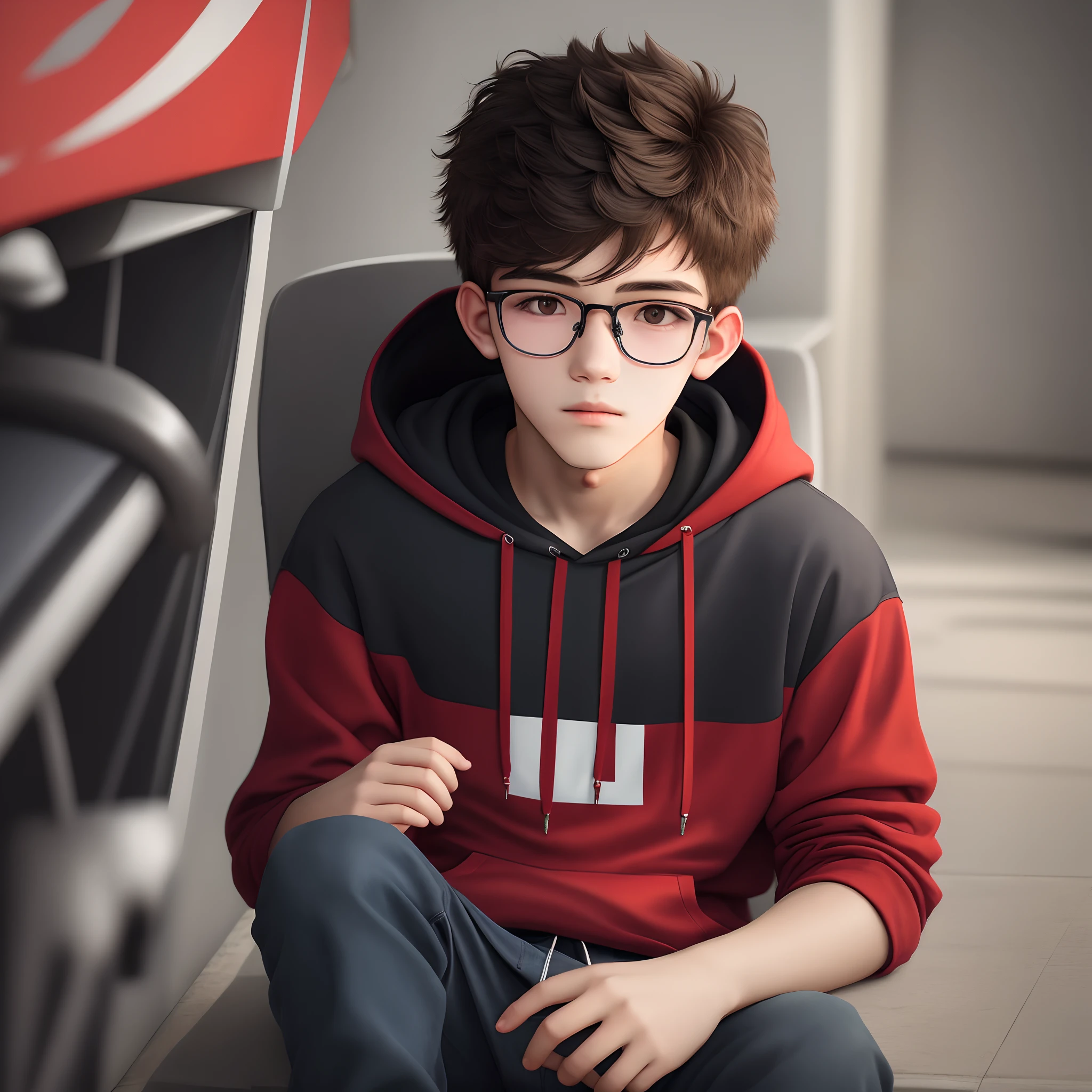 A  boy wearing red hoodie and wearing stylish Glasses with black eyes editor logo