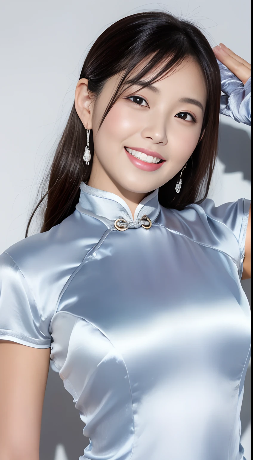 Woman standing in silver cheongsam, Best Quality, High Definition, 8k, 1 girl, (Huge breasts :1.2), Sun, Bright, (People, Crowd:1), (Glossy cheongsam:2.8, Silvery satin dress:1.6, Silver satin gloves:1.8,Silver:1.5), (Bangs,Long hair), Beautiful detailed sky, Beautiful earrings, (Upper body:1.2), Soft lighting Wind, shiny skin, look at the viewer, smile, (open mouth)