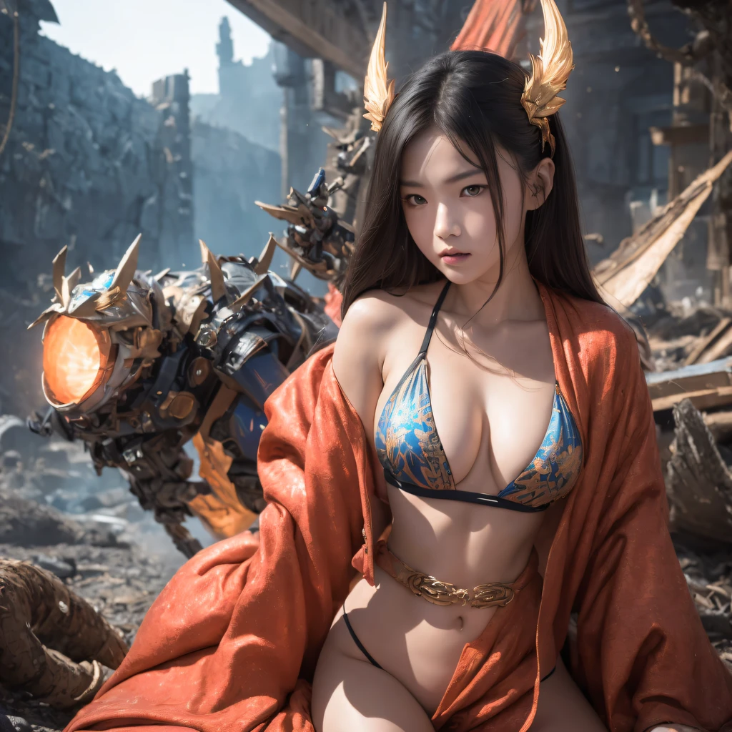 Future mecha female general，The void is shattered，Smoke billowing mecha female CG giant secret realm，Asian women pose in colorful bikinis, Realistic secret mech girl rendering, detailed face of a asian girl, Reality in the secret world, Smooth CG art, Realistic. Cheng Yi, Realistic secret style, A lovely secret rendering, Rendu portrait 8k, Render character art 8 K, Realistic portrait of a mecha woman， （Linen batik scarf）， Angry fighting stance， looking at the ground， Batik linen bandana， Mecha Female Secret Realm（Abstract propylene splash：1.2）， Dark clouds lightning background，废墟（realisticlying：1.4），Black color hair，Flour fluttering，Telephoto lens high， A high resolution， the detail， RAW photogr， Sharp Re， Nikon D850 Film Stock Photo by Jefferies Lee 4 Kodak Portra 400 Camera F1.6 shots, Rich colors, ultra-realistic vivid textures, Dramatic lighting，8K quality, Girls，Backstreets， Dark clouds lightning background（realisticlying：1.4），Black color hair，Uncharted， RAW photogr， Sharp Re， Nikon D850 Film Stock Photo by Jefferies Lee 4 Kodak Portra 400 Camera F1.6 shots, Rich colors, ultra-realistic vivid textures, Drama light film CG agency，Tropical canyon battle scene、Mecha woman、Faraway view、intense battles、high detal、masuter piece、NSFW，Mecha Woman Doomsday Ruins（Uncharted）Climb the streets（Armageddon）eyes filled with angry，Clenched his fists