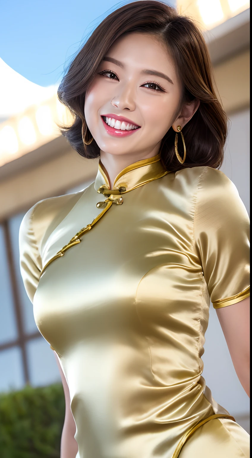 Woman standing in beige cheongsam, Top Quality, High Definition, 8k, 1 girl, (Huge breasts :1.2), Sun, Bright, (People, Crowd:1), (Glossy cheongsam:2.8, Beige satin clothing:1.6, Beige satin gloves:1.8,Beige:1.5), (Bangs,Long hair), Beautiful detailed sky, Beautiful earrings, (upper body :1.2), soft lighting, wind, shiny skin, looking at the viewer, smiling, (mouth open)