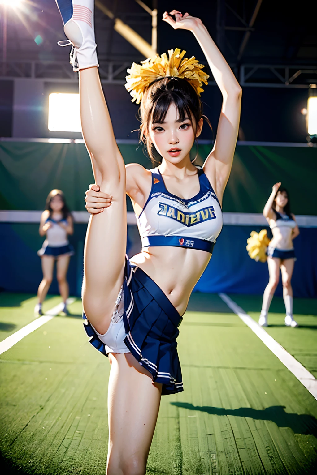 Cheerleader Pong and Miniskirt Cheering High Kick Cheerleader, Raise your legs above your head with a high kick, Showing white panties.、Hands raised wide、Wearing high heels、Raise your legs high to show your panties、Many Weihuazi, a japanese girl, Hot with shining sun, sakimichan hdri, captured on canon eos r 6, trending at cgstation, Young skinny gravure idol, Trending on CGSTATION, 4K], Shot with Canon EOA 6 D Mark II, 4 k ]