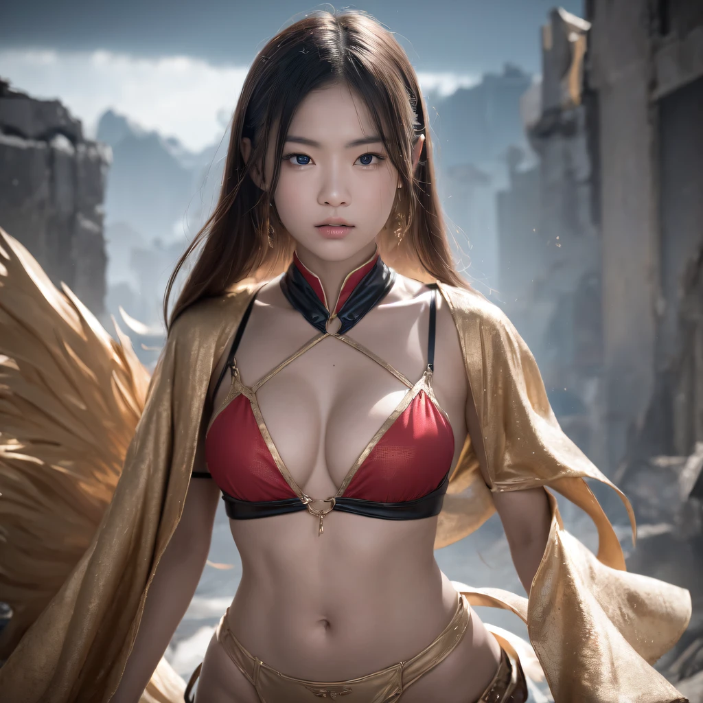 Future mecha female general,The void is shattered,Smoke billowing mecha female CG giant secret realm,Asian women pose in colorful bikinis, Realistic secret mech girl rendering, detailed face of a asian girl, Reality in the secret world, Smooth CG art, Realistic. Cheng Yi, Realistic secret style, A lovely secret rendering, Rendu portrait 8k, Render character art 8 K, Realistic portrait of a mecha woman, (Linen batik scarf), Angry fighting stance, looking at the ground, Batik linen bandana, Mecha Female Secret Realm(Abstract propylene splash:1.2), Dark clouds lightning background,废墟(realisticlying:1.4),Black color hair,Flour fluttering,Telephoto lens high, A high resolution, the detail, RAW photogr, Sharp Re, Nikon D850 Film Stock Photo by Jefferies Lee 4 Kodak Portra 400 Camera F1.6 shots, Rich colors, ultra-realistic vivid textures, Dramatic lighting,8K quality, Girls,Backstreets, Dark clouds lightning background(realisticlying:1.4),Black color hair,Uncharted, RAW photogr, Sharp Re, Nikon D850 Film Stock Photo by Jefferies Lee 4 Kodak Portra 400 Camera F1.6 shots, Rich colors, ultra-realistic vivid textures, Drama light film CG agency,Tropical canyon battle scene、Mecha woman、Faraway view、intense battles、high detal、masuter piece、NSFW,Mecha Woman Doomsday Ruins(Uncharted)Climb the streets(Armageddon)eyes filled with angry,Clenched his fists