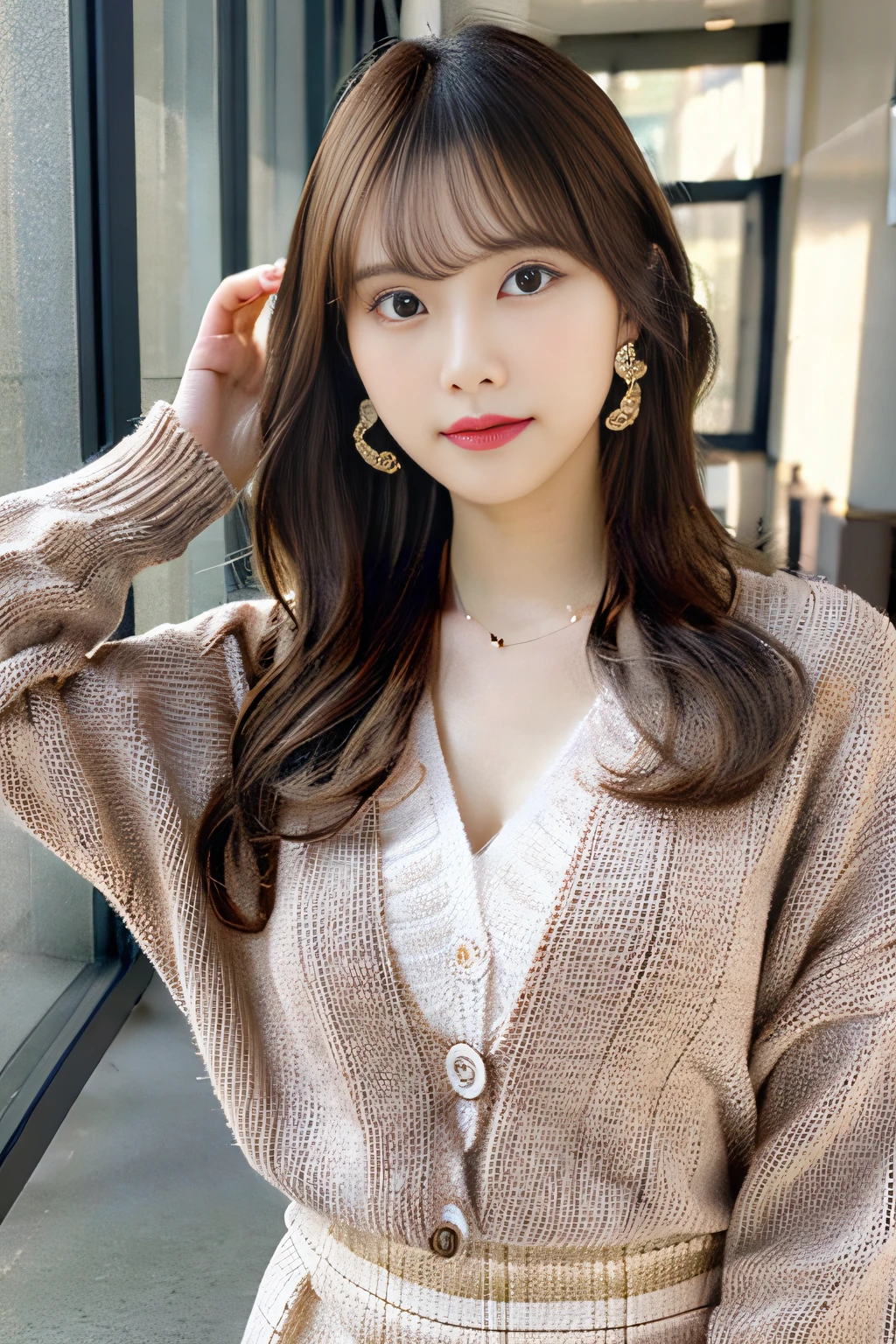 (Tabletop, Highest quality, High resolution, , Pixel perfect, 4K,), 1 girl, single, alone, Beautiful woman、I could see the whole body、 ((Wavy mid-hair, bangs, Brown Hair)), ((Brown eyes, Beautiful eyelashes, Realistic eyes)), ((Detailed face, blush:1.2)), ((Smooth texture:0.75, Realistic texture:0.65, Realistic:1.1, Medium chest, Dynamic Angle, Perfect body, ((, female teacher, , Earrings、necklace、Beige off-the-shoulder sweater、Long pleated skirt、Black knee-high stockings、Pink lace panties、A shy smile)), Superior、、、evening、、Bring your arms together to emphasize your chest、necklaceを胸で挟む、Angle from below)、