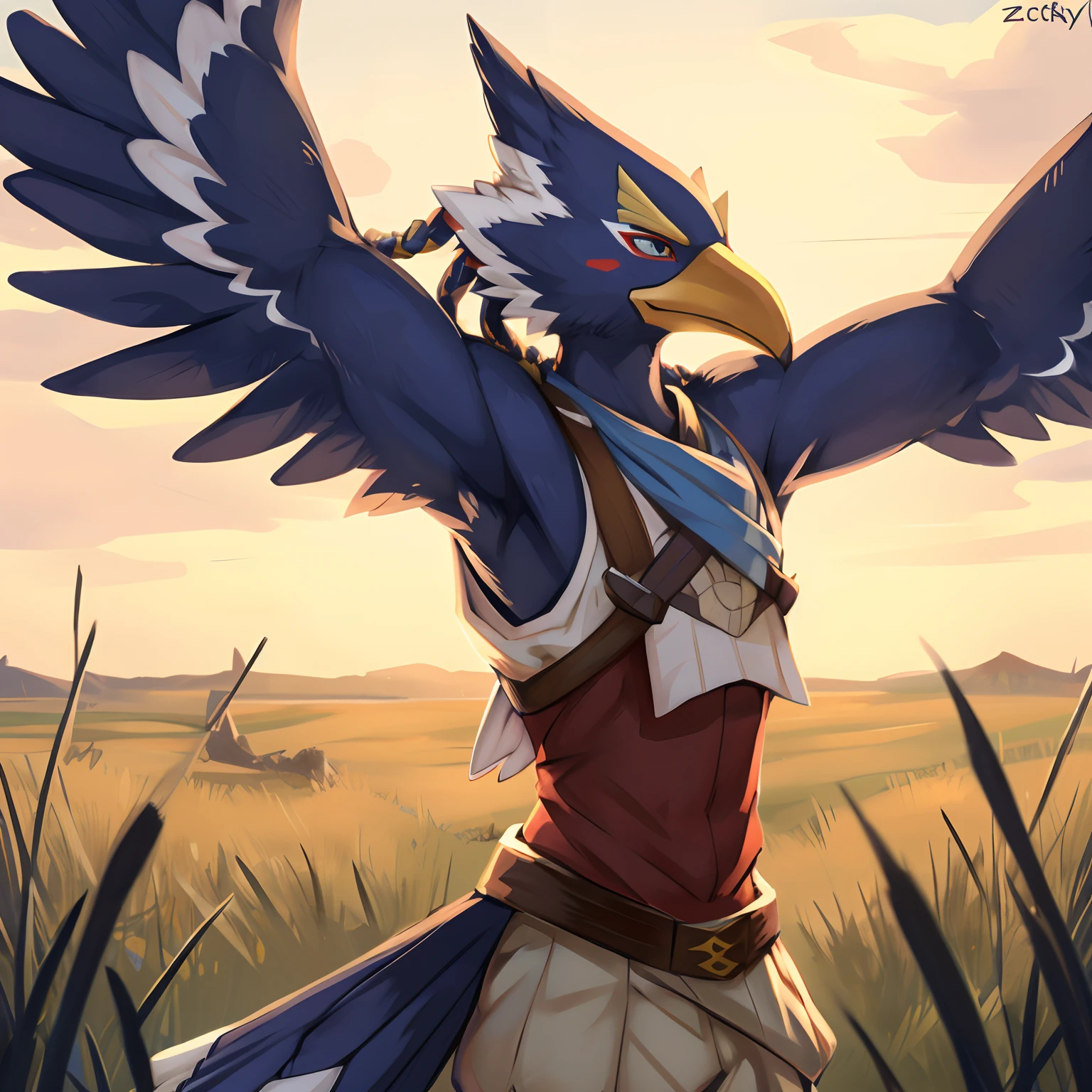 {standing}, detailed, anthro, Rito, male, solo, Revali, skinny, detailed eyes, braids in the hair, bird tail, in the field, by Zackary911, K0BIT0WANI