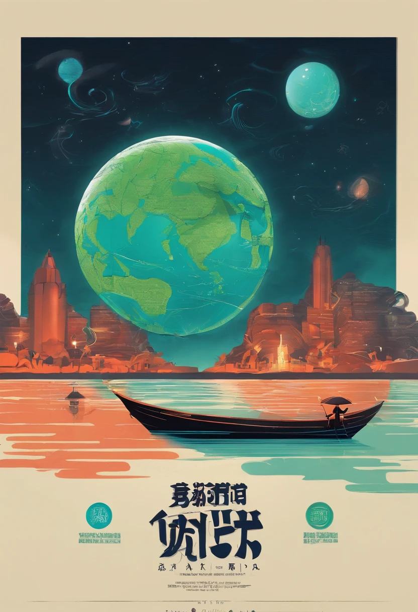 Vast night,the beautiful skyline,Vast ocean,Intense and dramatic imagery,the moving visual effects,A bright moon hanging high,Colorful natural light。A sits on a lonely boat,Reaching out is an ancient lamp,The green face is full of years,Look at the blue-cyan Kong Ming lantern floating in the sky,The whole night sky is covered with cyan,Green Lantern Night Tour