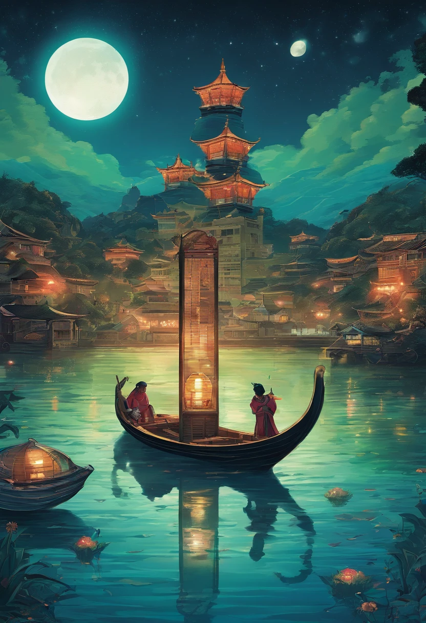 Vast night,the beautiful skyline,Vast ocean,Intense and dramatic imagery,the moving visual effects,A bright moon hanging high,Colorful natural light。A little boy sits on a lonely boat,Reaching out is an ancient lamp,The green face is full of years,Look at the blue-cyan Kong Ming lantern floating in the sky,The whole night sky is covered with cyan,Green Lantern Night Tour