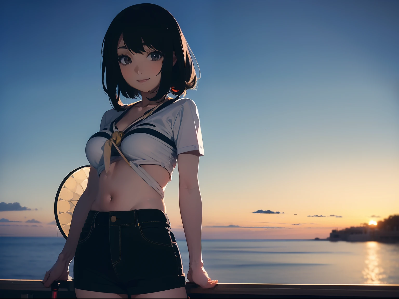 Miss the passing summer, A beautiful girl who is a little lonely, fully body photo, Realistic Photos, Sky, clouds and background that makes you feel the residual heat, natural soft light.
