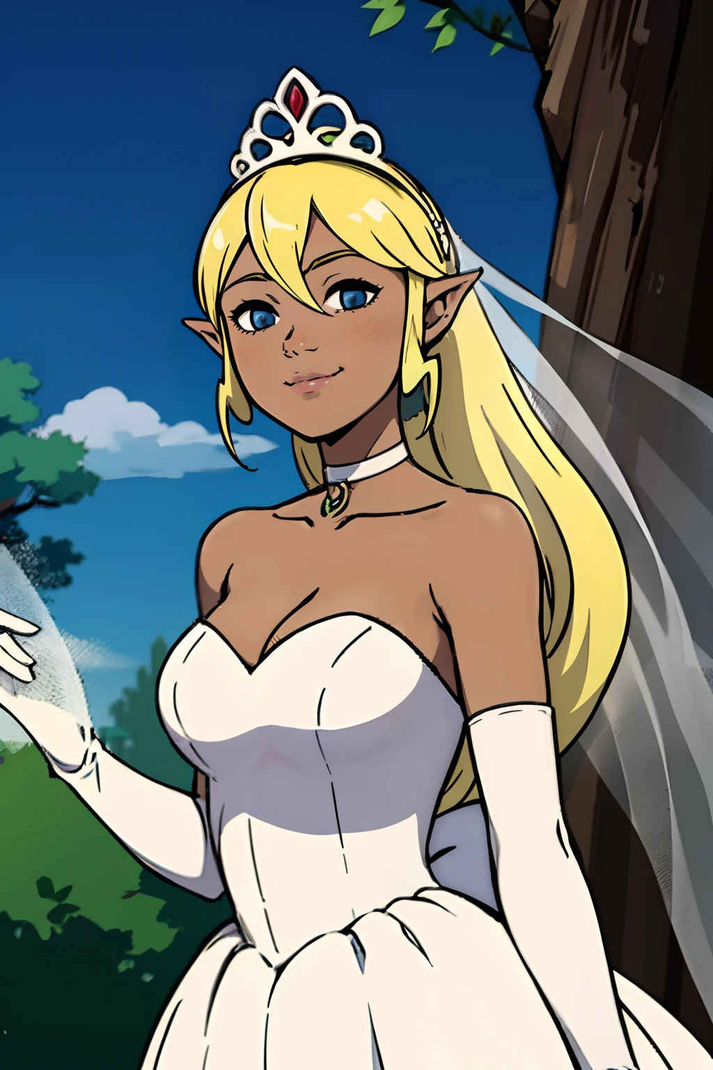 Tetra_Zelda,  bangs, tanned skin, hair between eyes, ahoge, blonde hair, star \(symbol\), hair ornament, dress, cleavage, bare shoulders, collarbone, long white elbow gloves, white gloves, white dress, white choker, strapless, tiara, veil, strapless dress, wedding dress, bridal veil, beautiful woman, perfect body, perfect breasts, wearing a wedding dress, ball gown, in the park trees, wedding decorations, a warm smile, realism, masterpiece, textured skin, super detail, high detail, high quality, best quality, 1080p, 16k