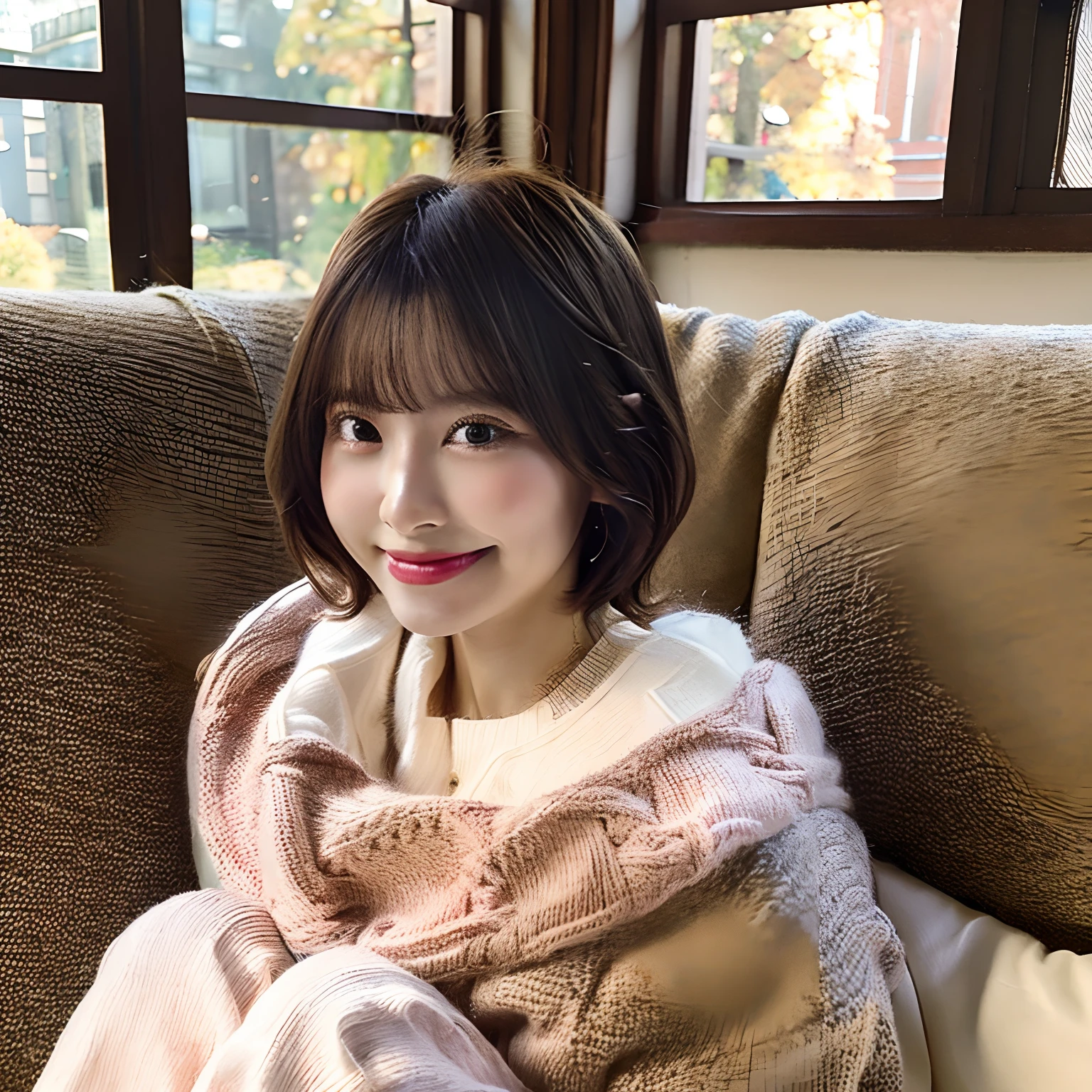 Ultra quality, ultra details, shot on camera, gramaras boby style, autumn wear , sit down on couch, cute, 27 years old , bob short hair, milky skin, pink lip , smile, window, sun light