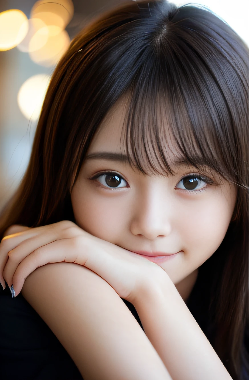 masterpiece, best quality, 8k, 15yo, teen, raw photo, award winning portrait, smile, smile, solo, idol face, beautiful, extremely pretty, cute, japanese women,female idol, round big eyes, small nostrils, light makeup, big round eyes, narrow waist, delicate girl, upper body, DSLR, looking at viewer, candid, sophisticated, youthful, thin arms, professional lighting, (detailed eyes and face:1.0), (bokeh:1.1)