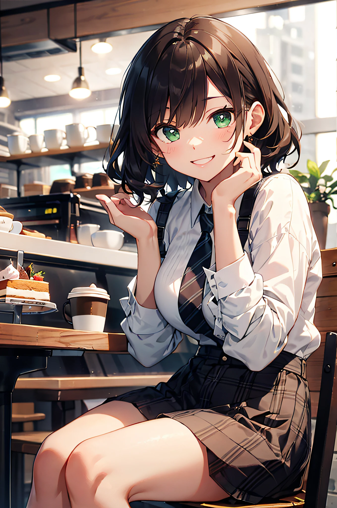 (top-quality、in 8K、32K、masterpiece、nffsw、超A high resolution、Impresionismo、Photorealsitic:1.2)、cowboy shot、foco nítido、detailed faces and eyes、(There is a plate of cake and coffee on the table, cafes, sitting on a mocha-colored table, dessert, Miniature Cafe Diorama, diner caffee, in coffee shop, cozy cafe background, enjoying coffee at a coffee shop, sitting in a cafe, shot with sony alpha 1 camera, by Maki Haku)、Sharp pupils、Realistic pupils、beauitful face、20 year old beautiful woman、shinny skin、Medium Short、waved hair、poneyTail、Beautiful dark brown hair、Green-eyed eyes、Shirt、neck tie、Plaid miniskirt、Black socks、Put your right hand on your cheek、(looking happy smile:1.2)、Mel Kishida