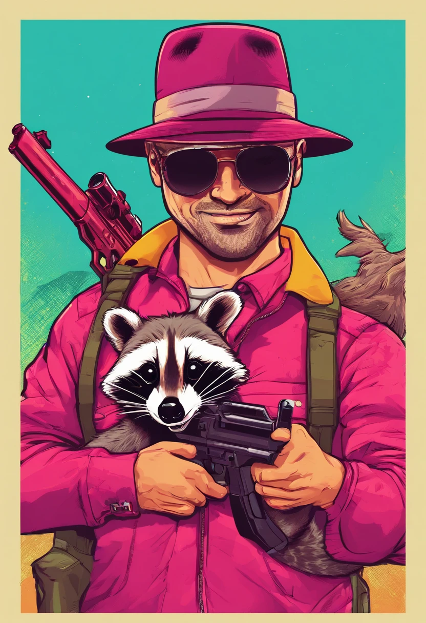 guy points raccoon with a gun