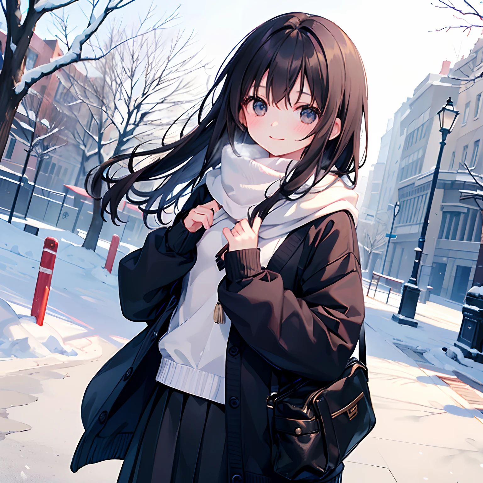 girl with、1 persons、18year old、Dark hair、Black eyes、length hair、A smile、huge smile、Smaller chest、Schools、校服、Cardigan、a park、Winters、Snow、long court、muffler