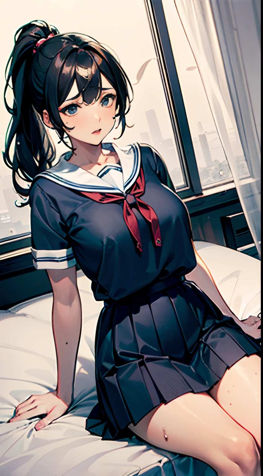 A wife,Single ponytail on the side,Black-brown hair,There is a mole under the left eye,Big breasts,full stature,Wearing a blue and white sailor suit,Black ultra-short pleated skirt,Room bed,Masturbation,And the shape of the female genital organs is clearly visible,There are deep lip prints on the panties,Not wearing Bra,Clothes are soaked,Sweat,orgasmc,Desire for dissatisfaction,Sperm outflow,Bare legged,A look of disgust