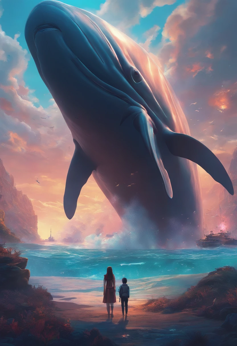 Anime - Small human beings standing in front of giant whales, Huge whales,mechanized,Cyberpunk style,Fine details. anime big breast. Anime epic artwork, dreamy psychedelic anime, colorful concept art, emotional concept art, Beeple e James Jean, anime visuals, artgem and beeple masterpiece, Anime art wallpaper 4 K